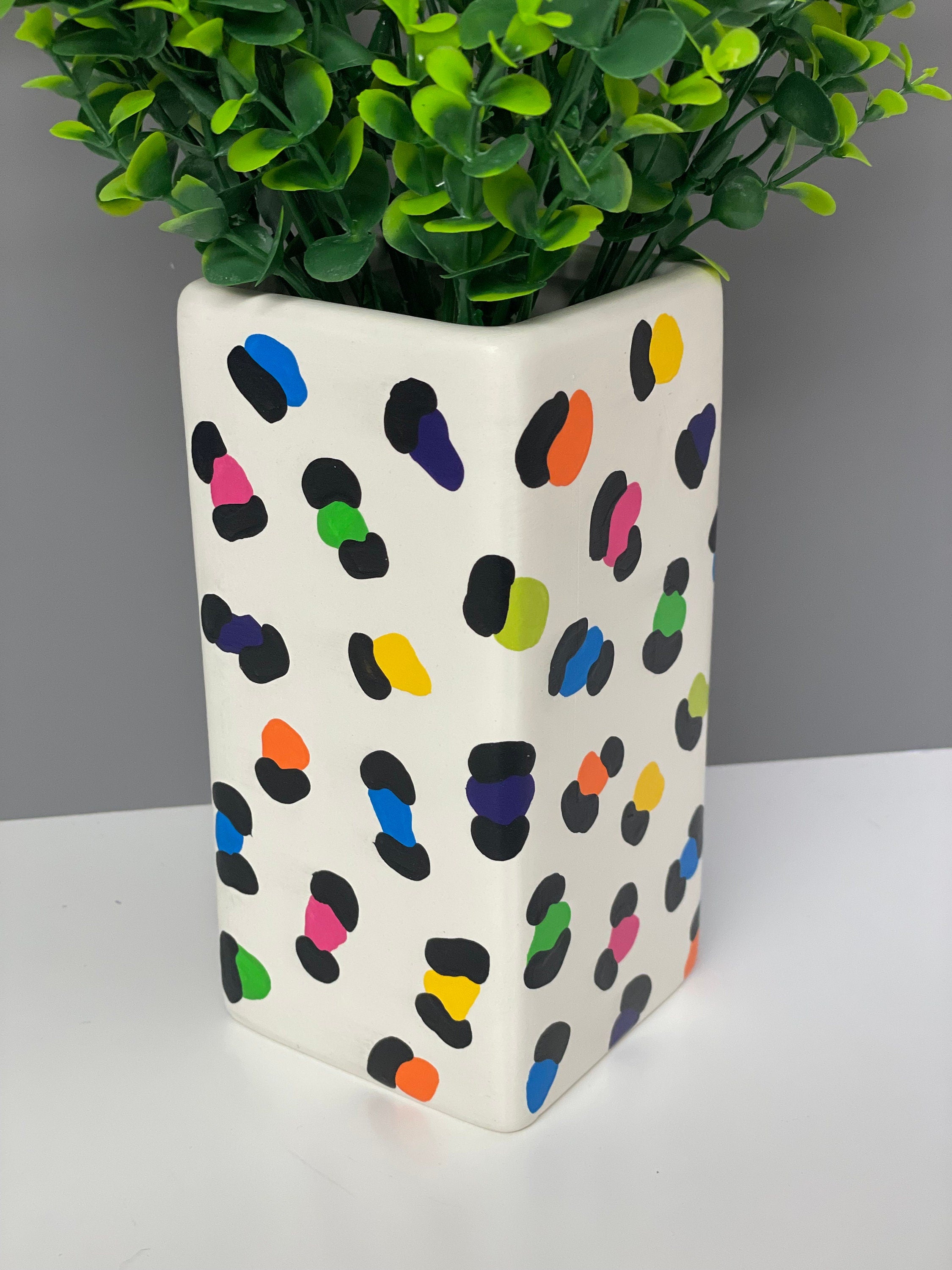 Hand painted rainbow leopard print ceramic vase