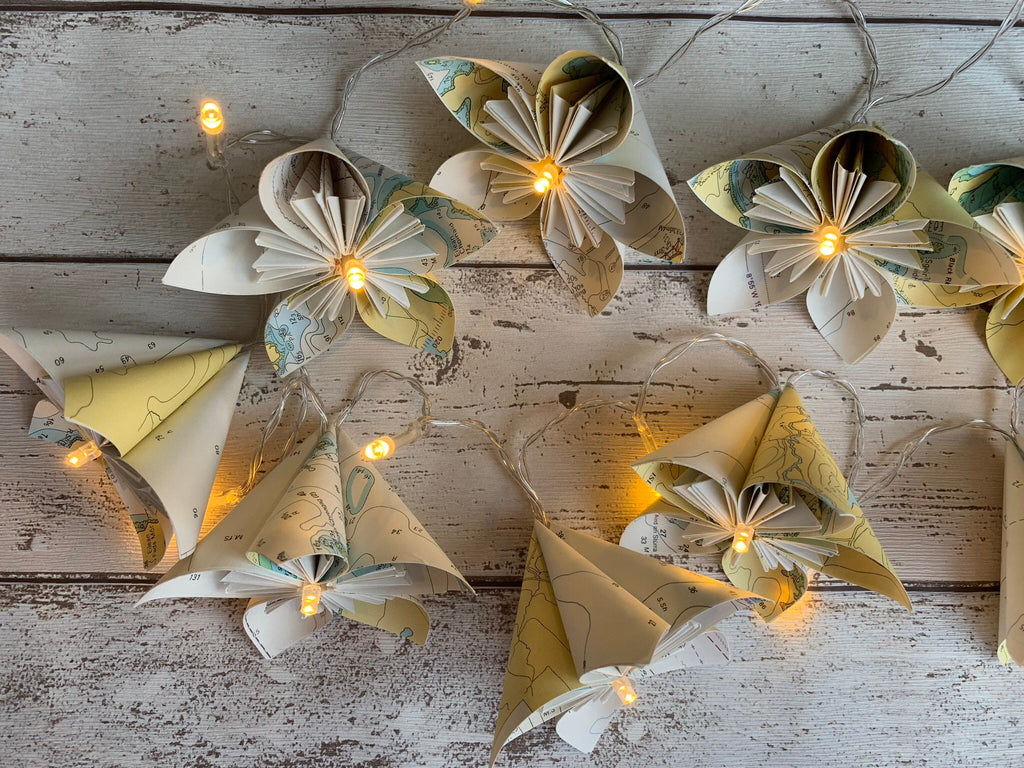 Sea chart paper flower fairy lights, recycled sea charts.