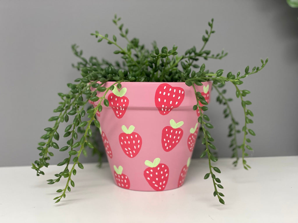 Stawberry Pink hand painted terracotta plant pot, indoor plants, home plants, custom plant pots.