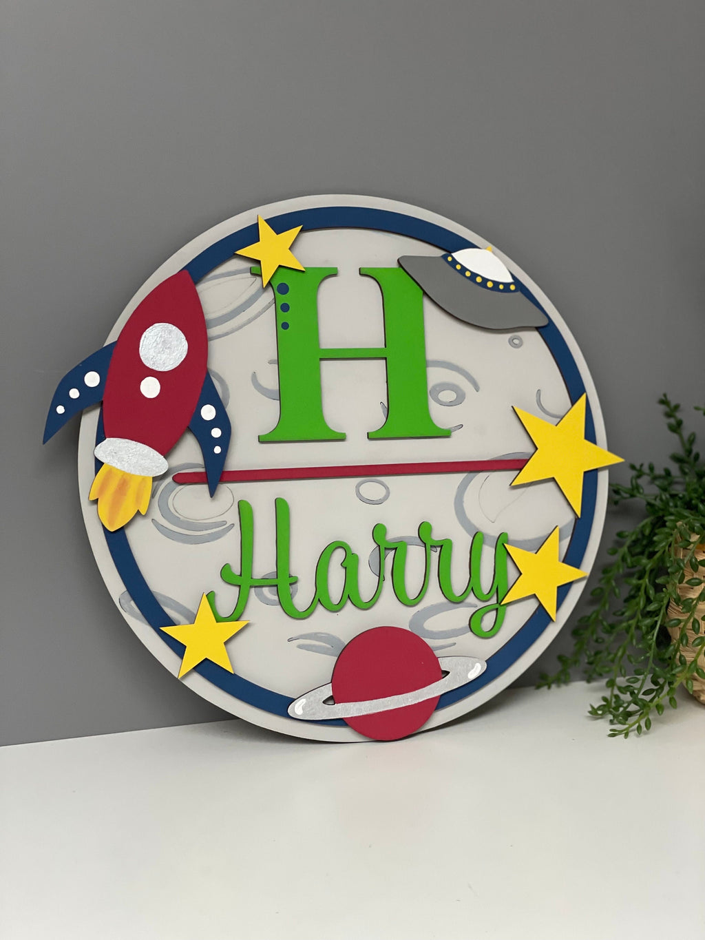 Space themed name plaque - wooden rocket sign - personalised name sign