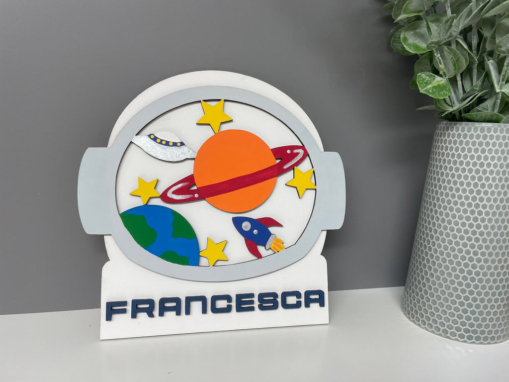 Astronaut name plaque - space theme bedroom decor - space name plaque - planets - wooden door sign
