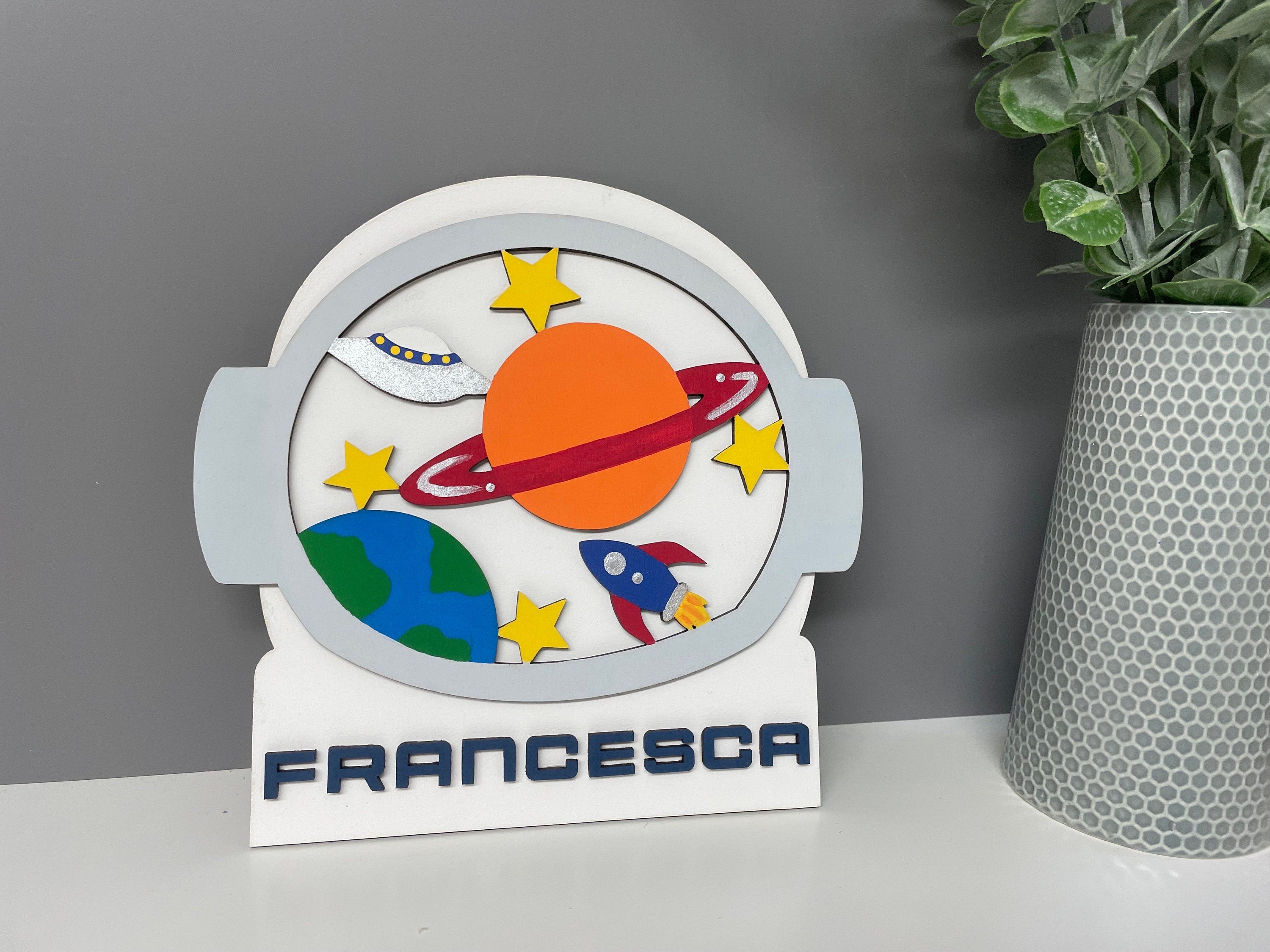 Astronaut name plaque - space theme bedroom decor - space name plaque - planets - wooden door sign