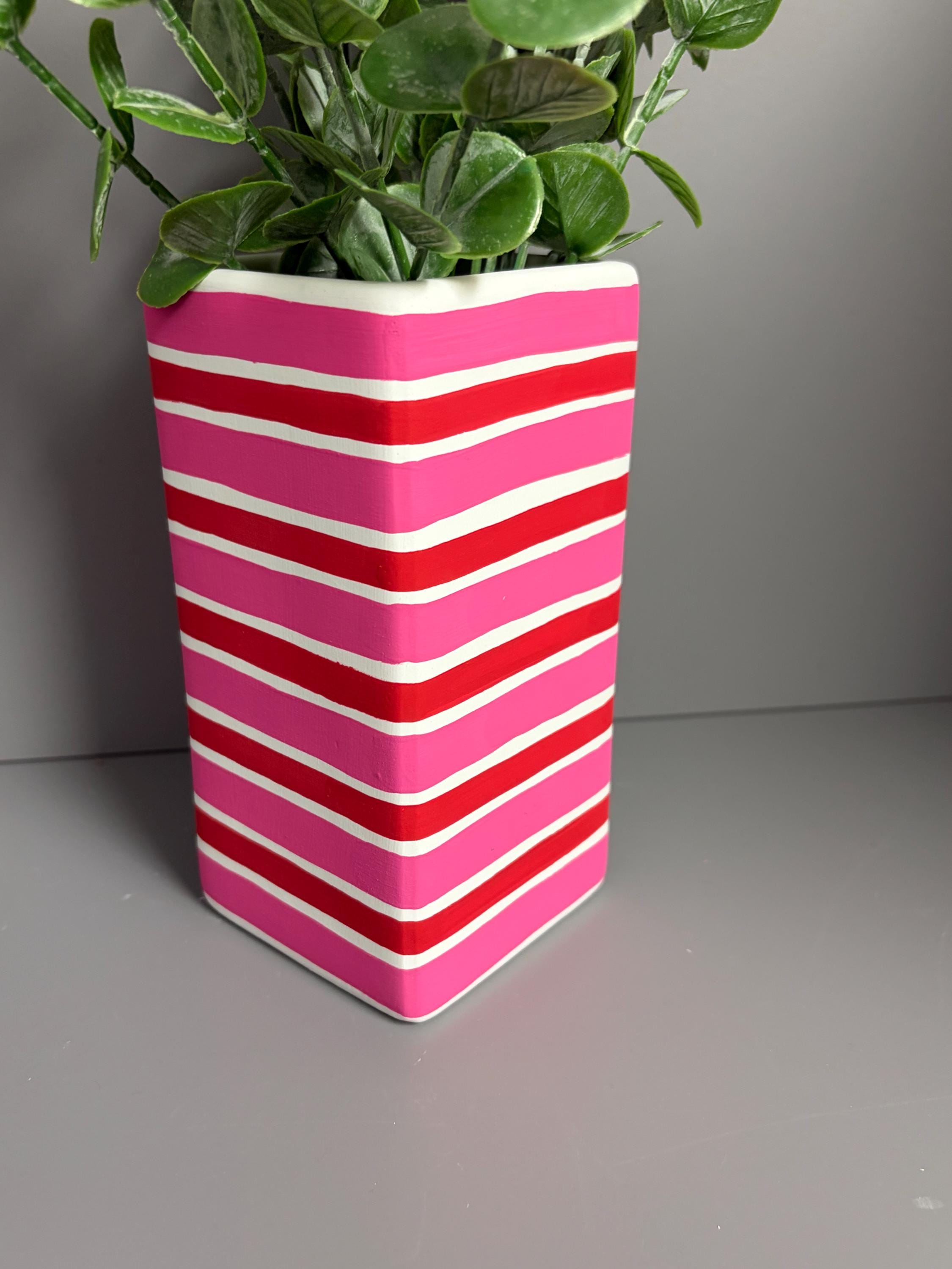 Pink and red stripe hand painted  ceramic vase.