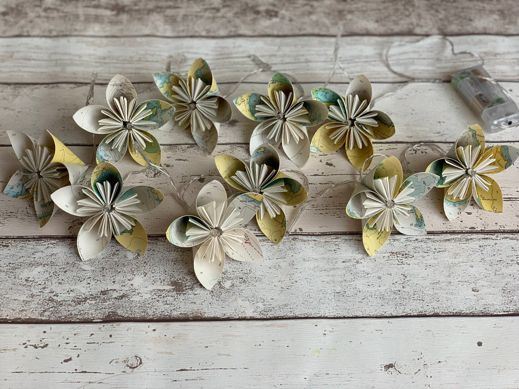 Sea chart paper flower fairy lights, recycled sea charts.