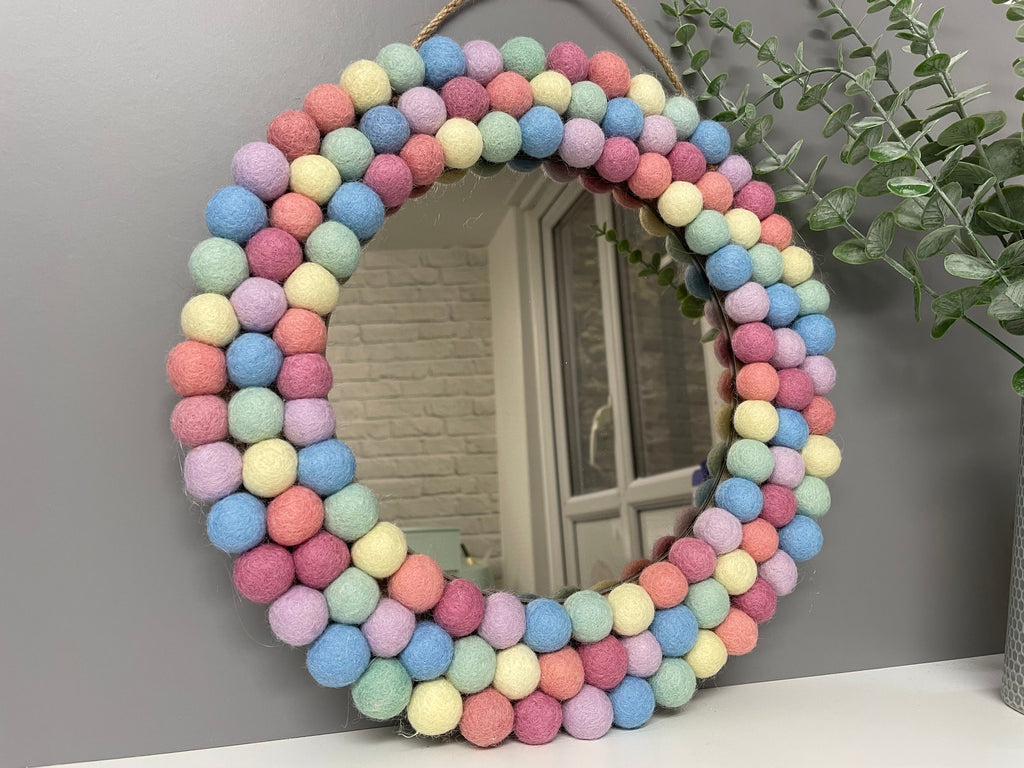 Medium Circular Hanging Pom pom mirror, pastel rainbow Pom Poms, playroom, nursery decor