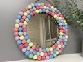 Medium Circular Hanging Pom pom mirror, pastel rainbow Pom Poms, playroom, nursery decor