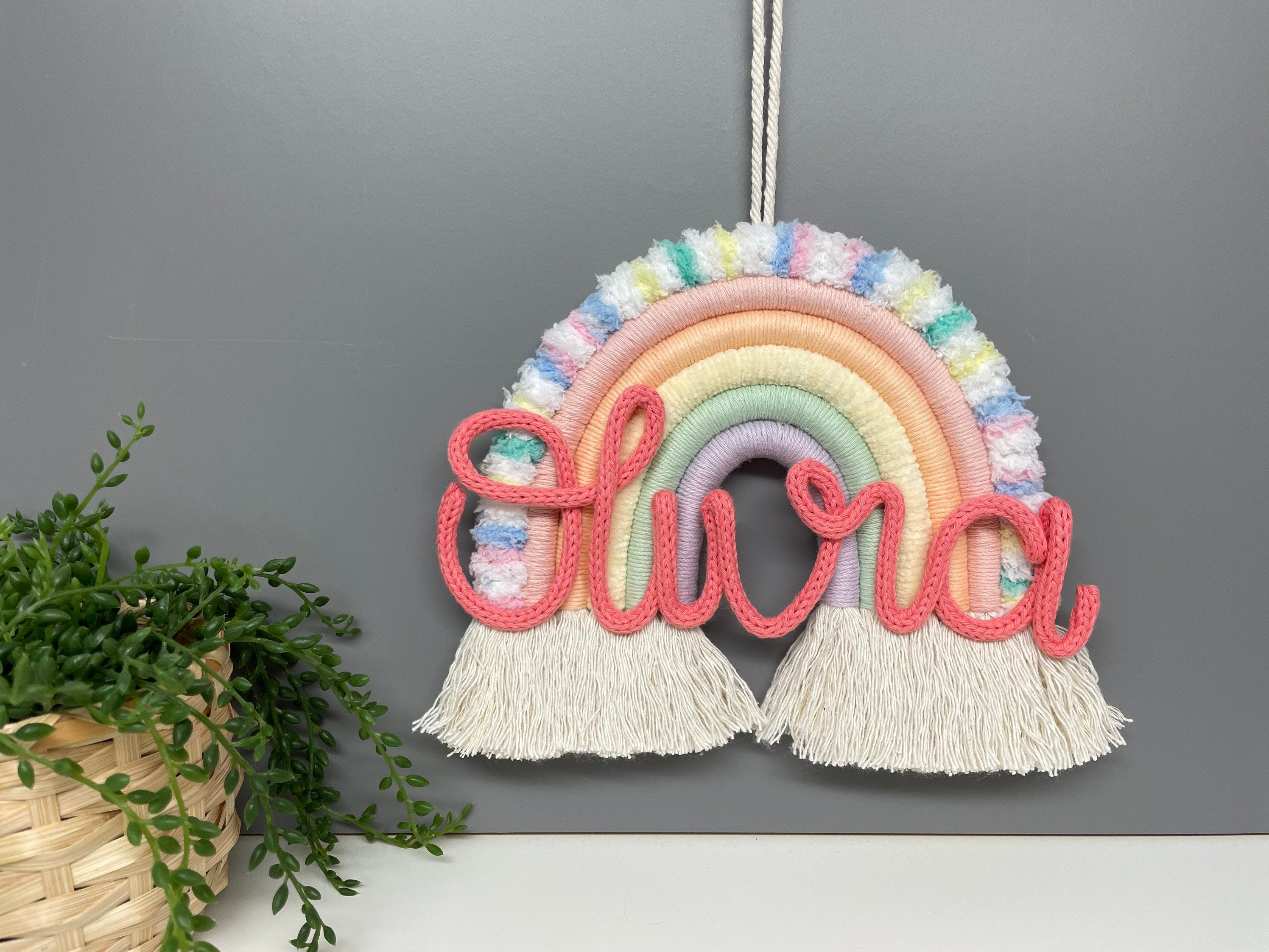 Personalised macrame rainbow with knitted wire name - nursery decor - new baby gift - home decor - rainbow wall hanging - knitted wire words