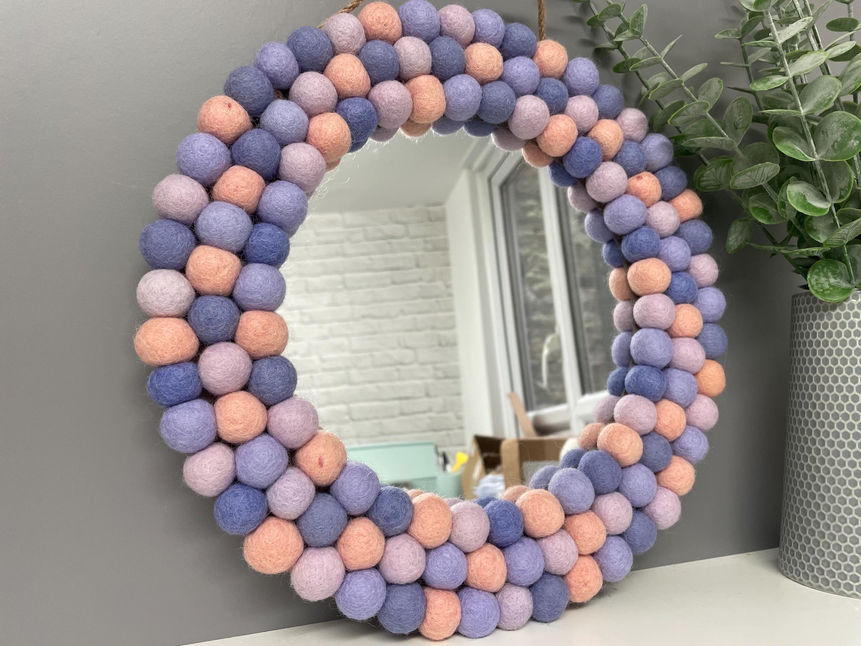 Medium Circular Hanging Pom pom mirror, pastel purple, lilac, pale pink,  rainbow Pom Poms, playroom, nursery decor
