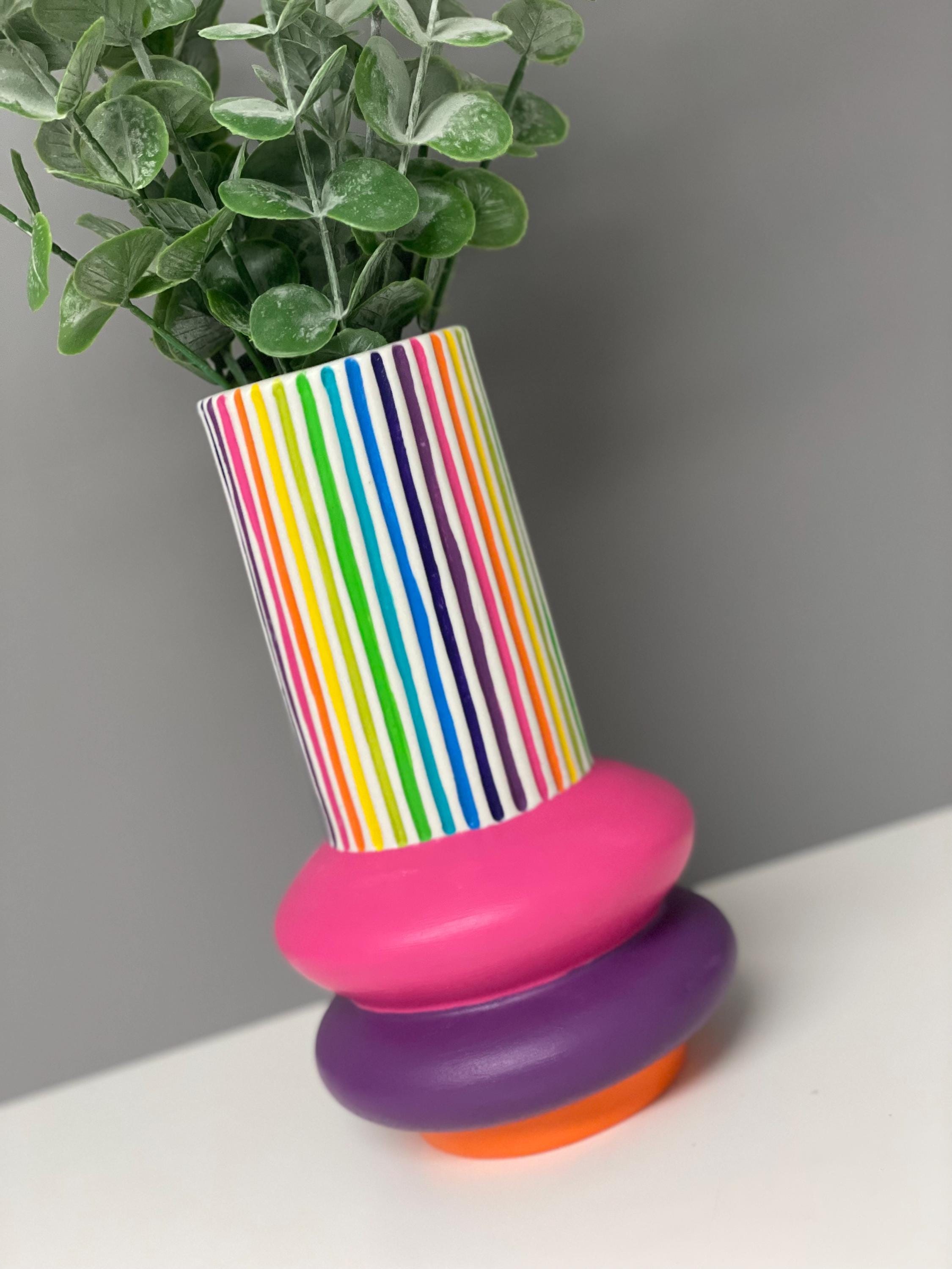 Handpainted Ceramic Vase: Rainbow Stripe Flower Vase