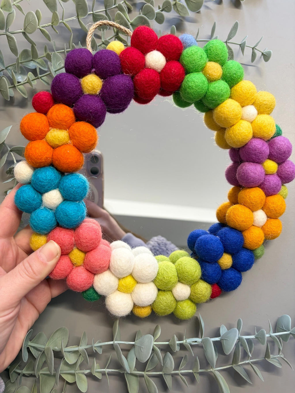Pom Pom flower Wall Mirror, Wool Felt rainbow Pom Poms, Nursery Decor, circular mirror.