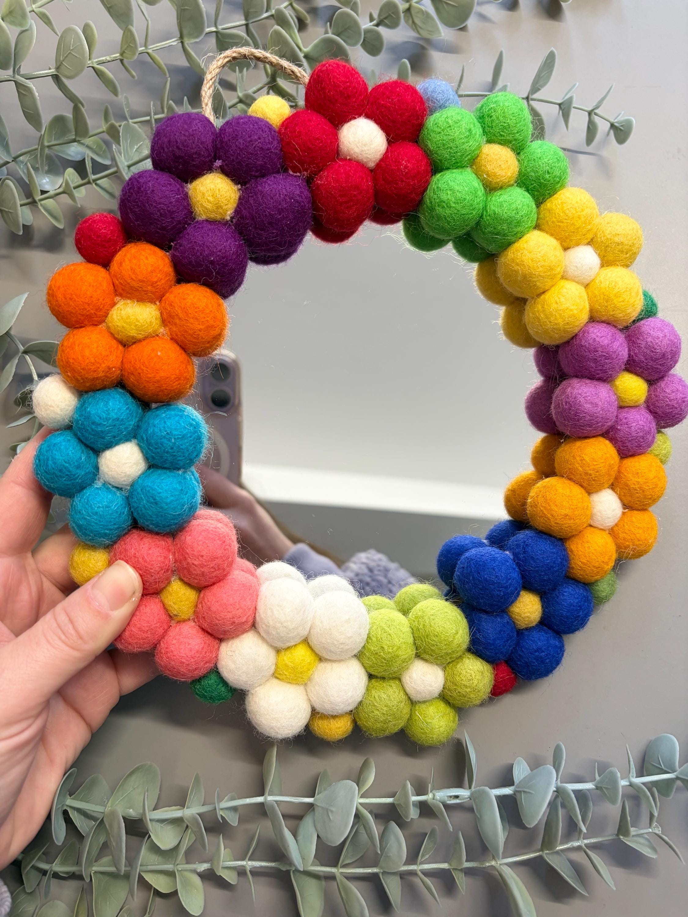 Pom Pom flower Wall Mirror, Wool Felt rainbow Pom Poms, Nursery Decor, circular mirror.