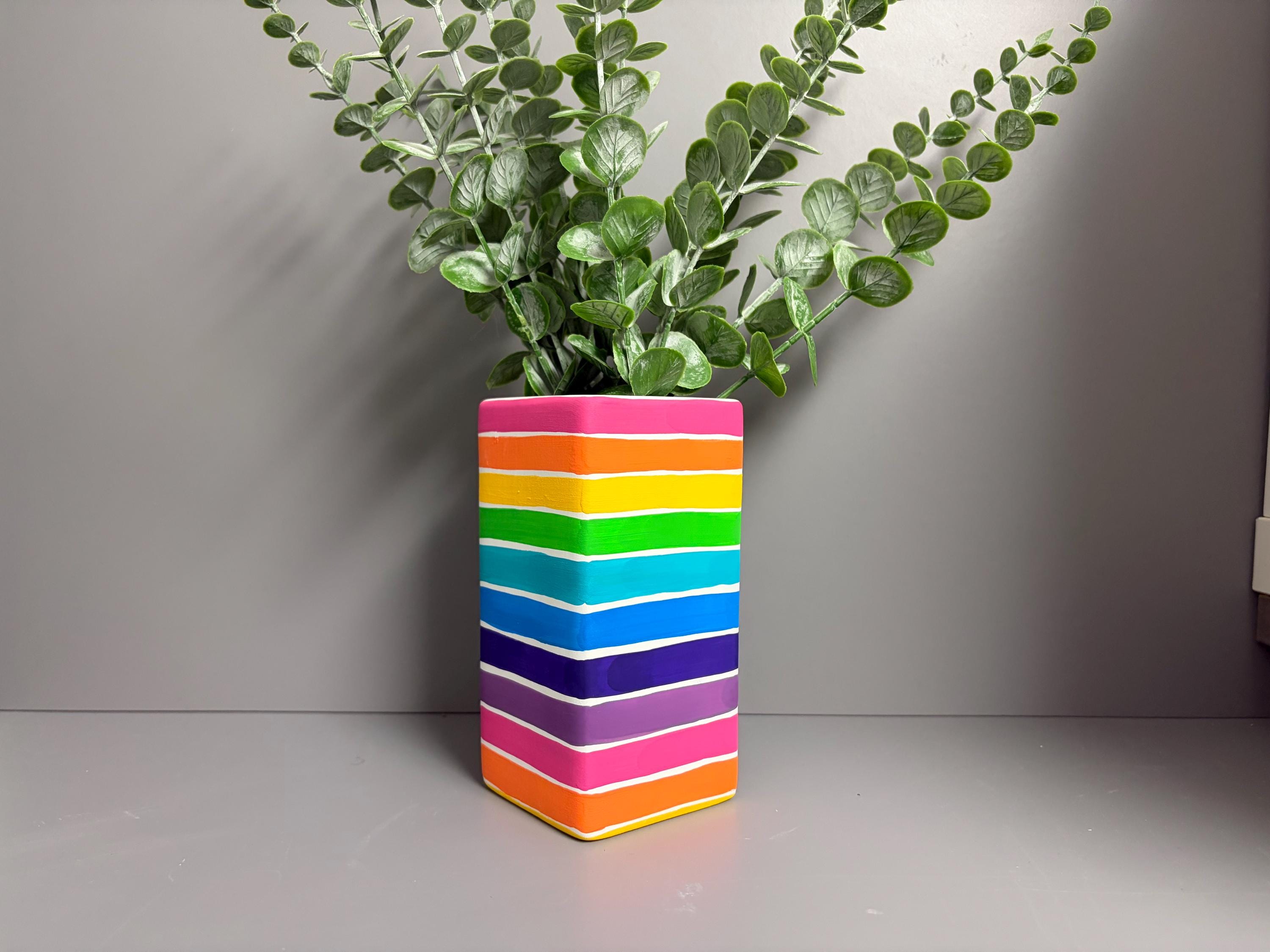 Bright rainbow strip hand painted ceramic vase