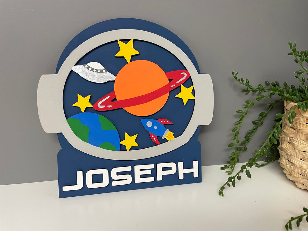 Astronaut name plaque - space theme bedroom decor - space name plaque - planets - wooden door sign