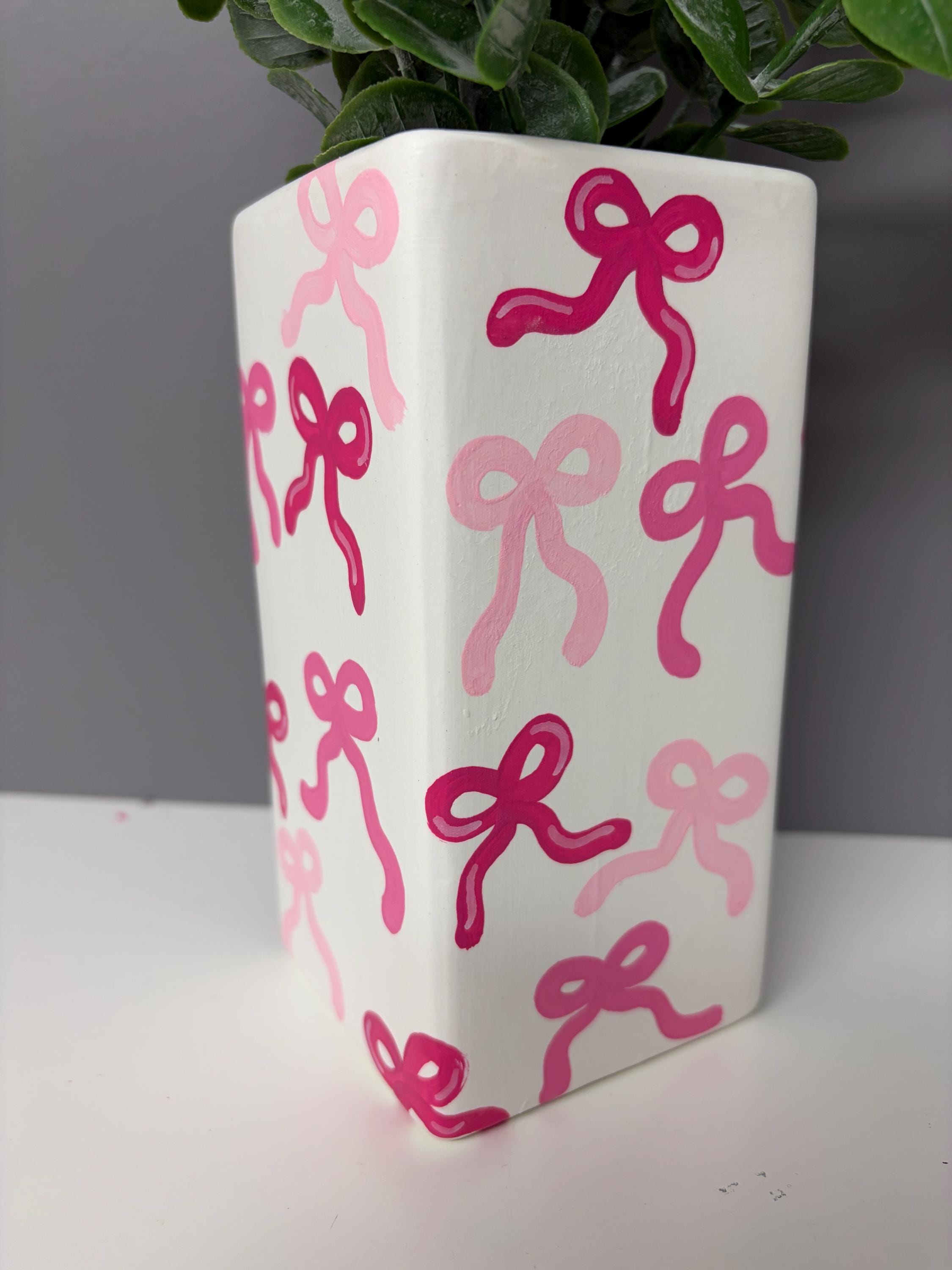 Bow hand painted ceramic vase, shades of pink, pink bow vase.