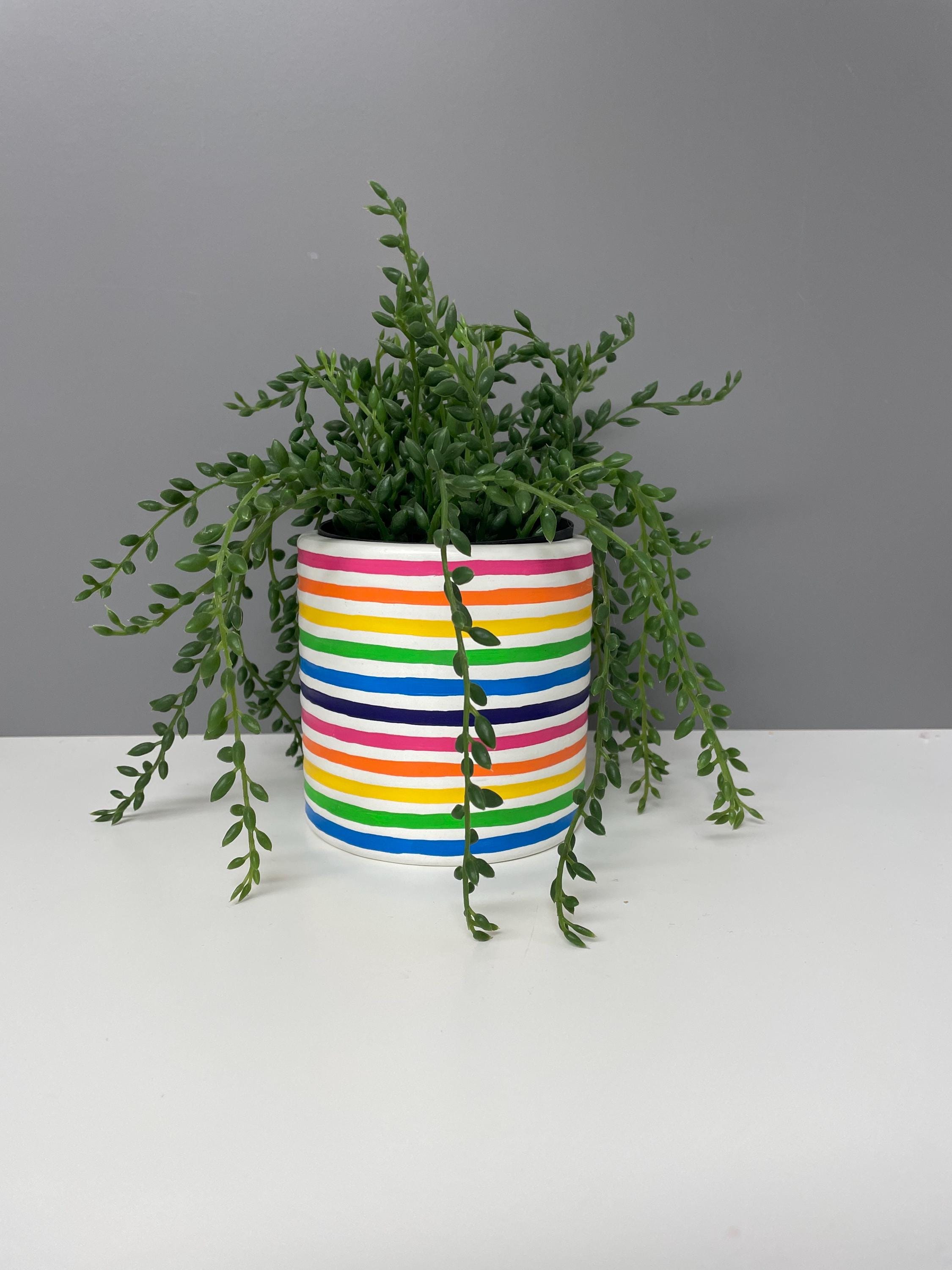 Hand Painted Ceramic Plant Pot, Rainbow Stripe Design. Bright plant pot