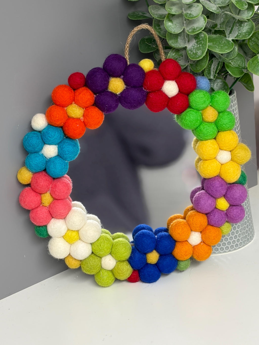 Pom Pom flower Wall Mirror, Wool Felt rainbow Pom Poms, Nursery Decor, circular mirror.