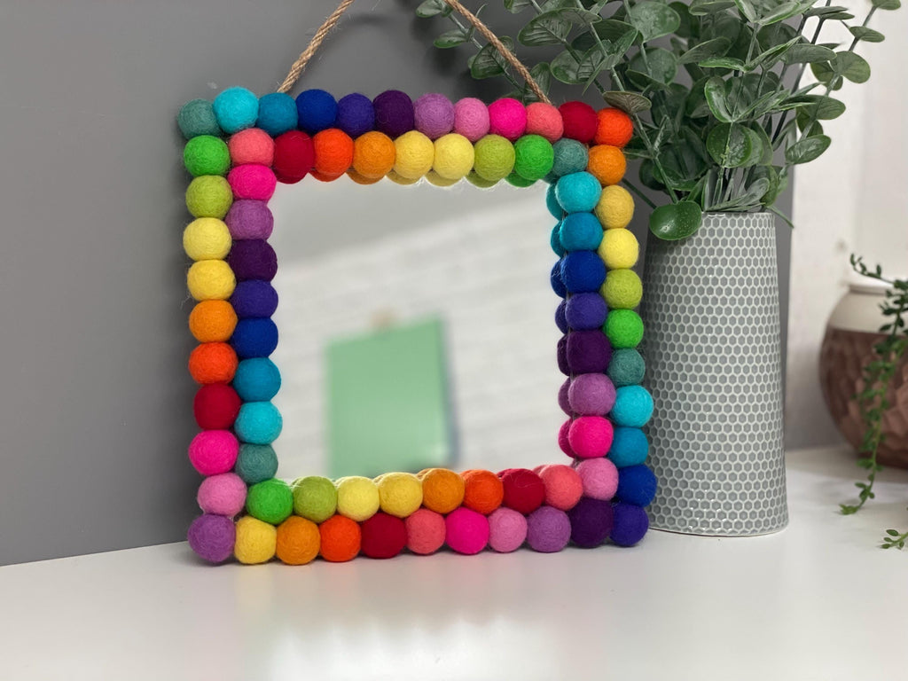 Rainbow Pom Pom Mirror, Playroom Nursery Decor, 20cm Square