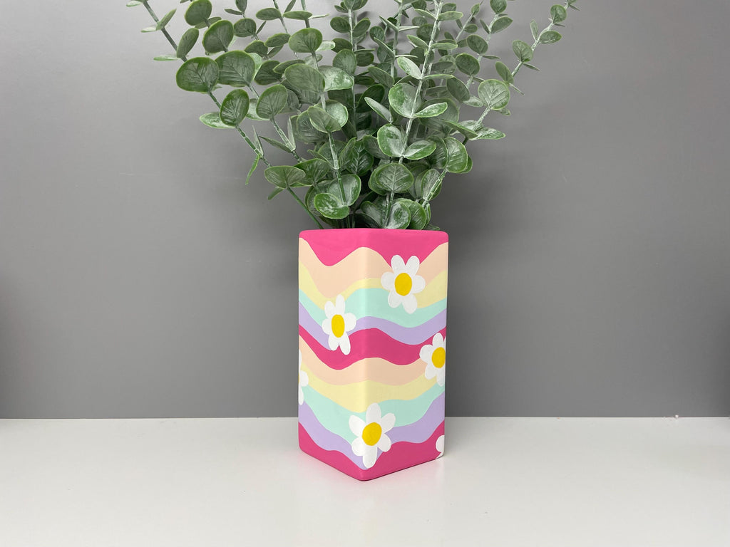 Flower, smiley face hand painted pastel coloured waves ceramic vase