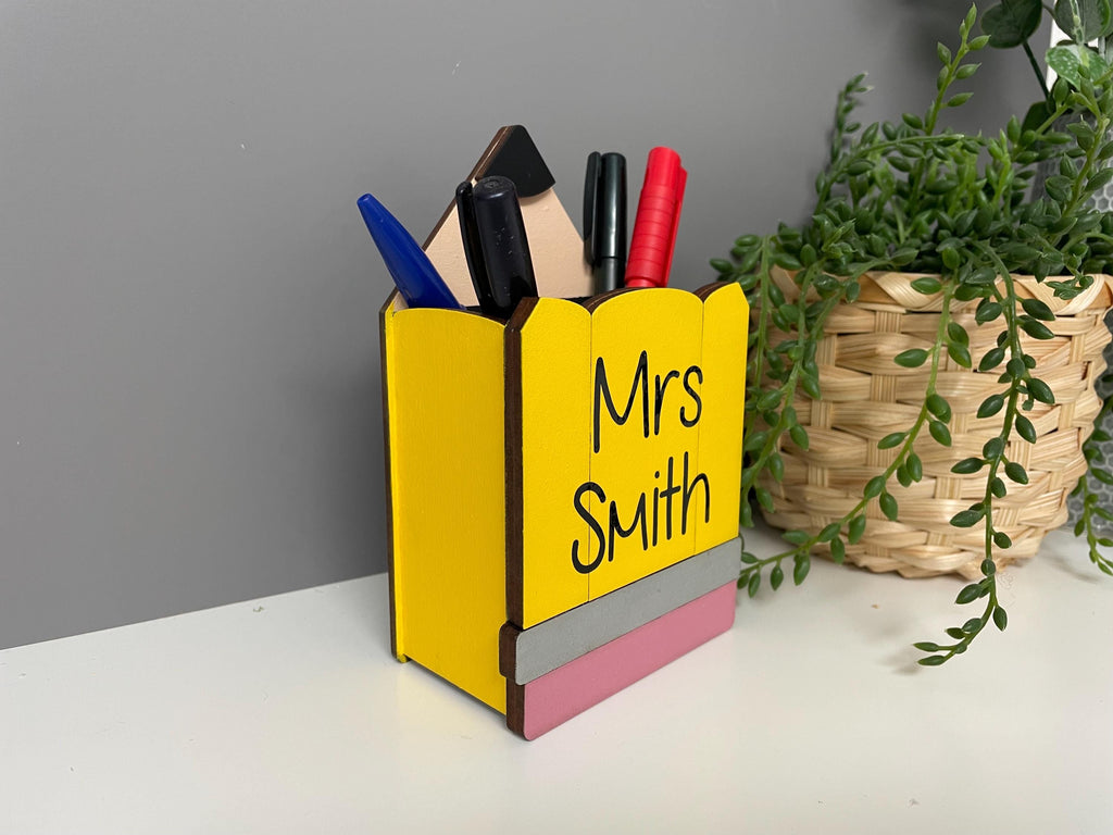 Personalized Teacher Pen Pot, Wooden Pencil Desk Organizer