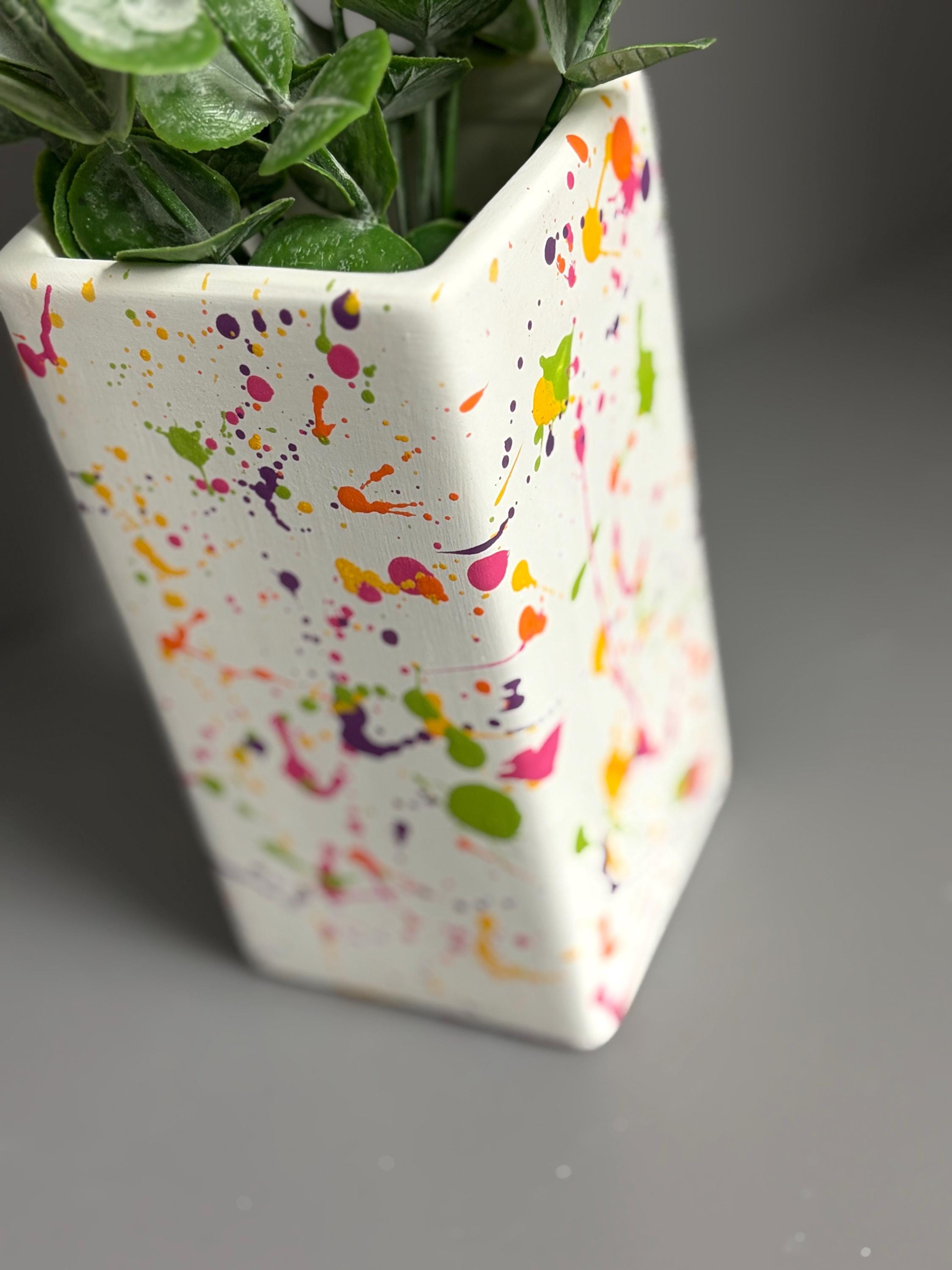 Hand painted ceramic splatter vase, bright coloured vase.
