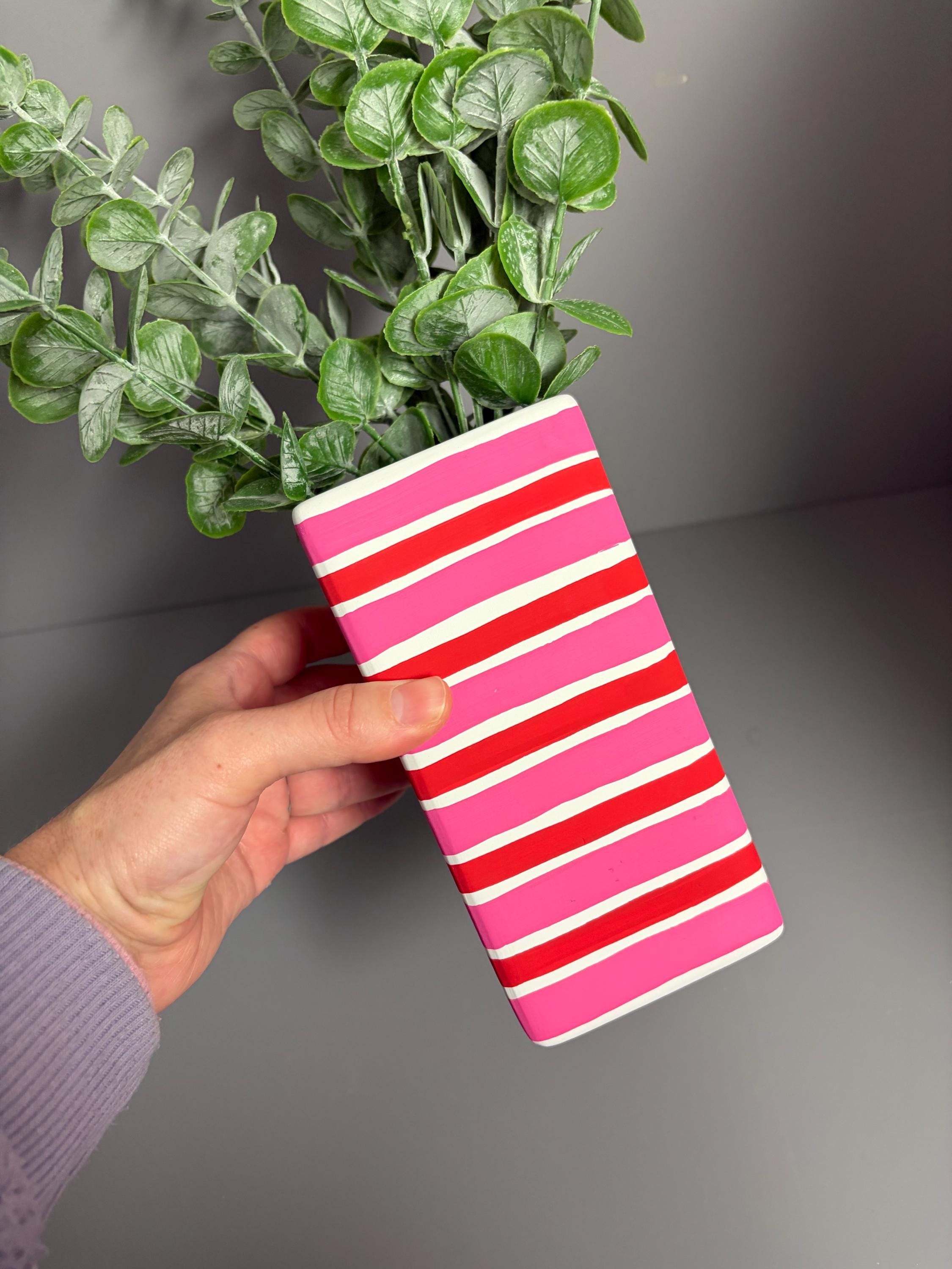 Pink and red stripe hand painted  ceramic vase.