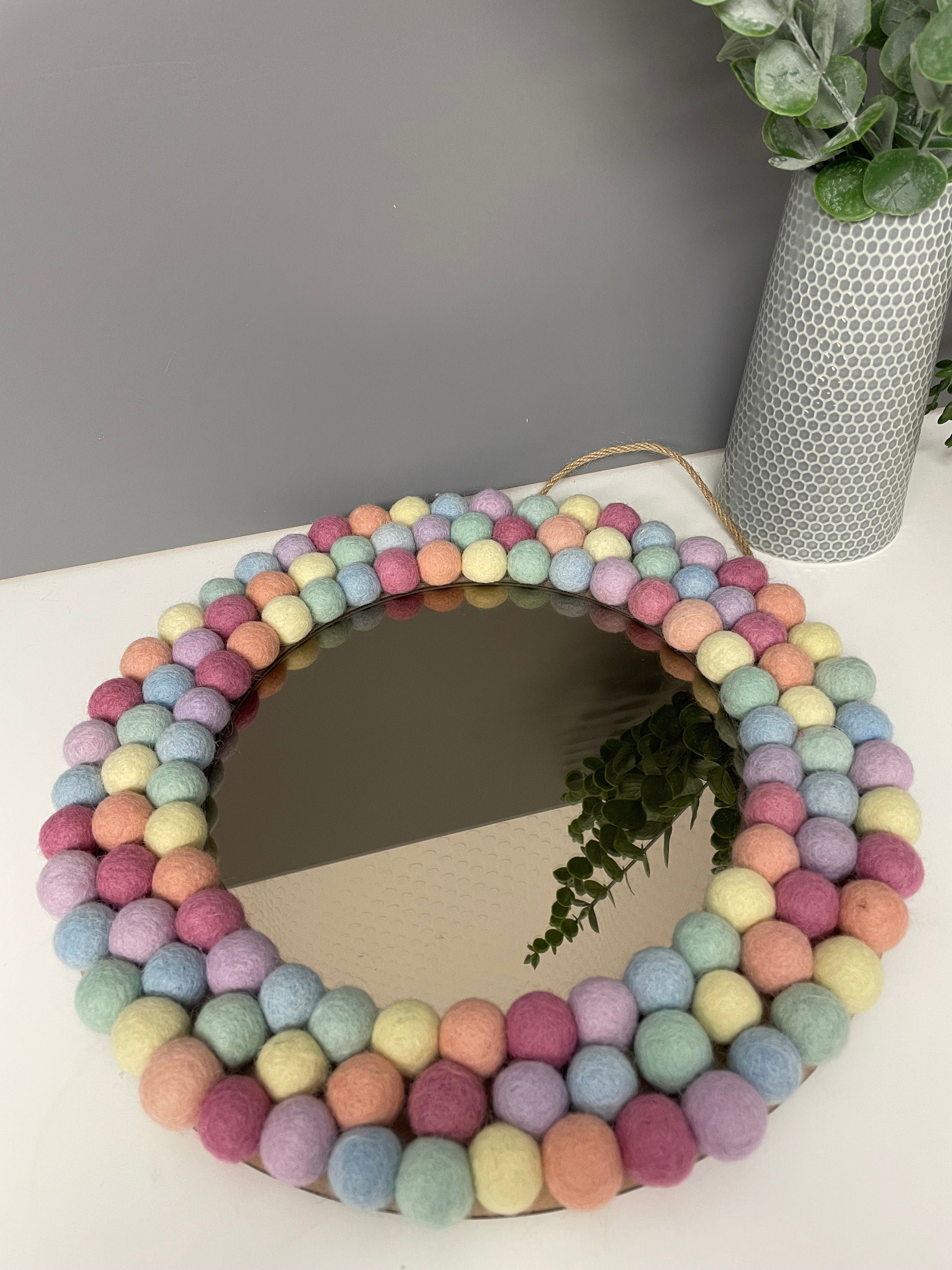 Medium Circular Hanging Pom pom mirror, pastel rainbow Pom Poms, playroom, nursery decor