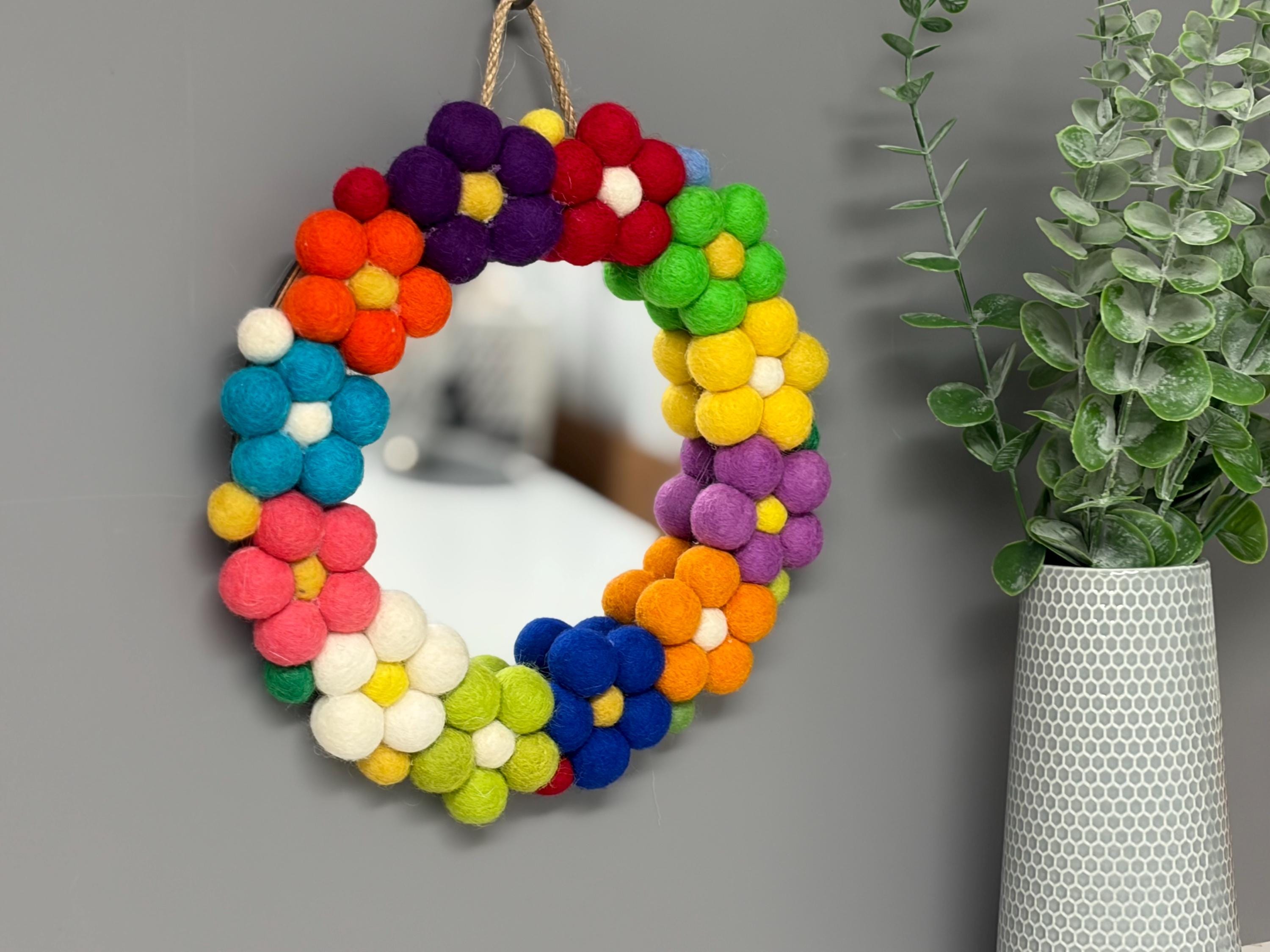 Pom Pom flower Wall Mirror, Wool Felt rainbow Pom Poms, Nursery Decor, circular mirror.