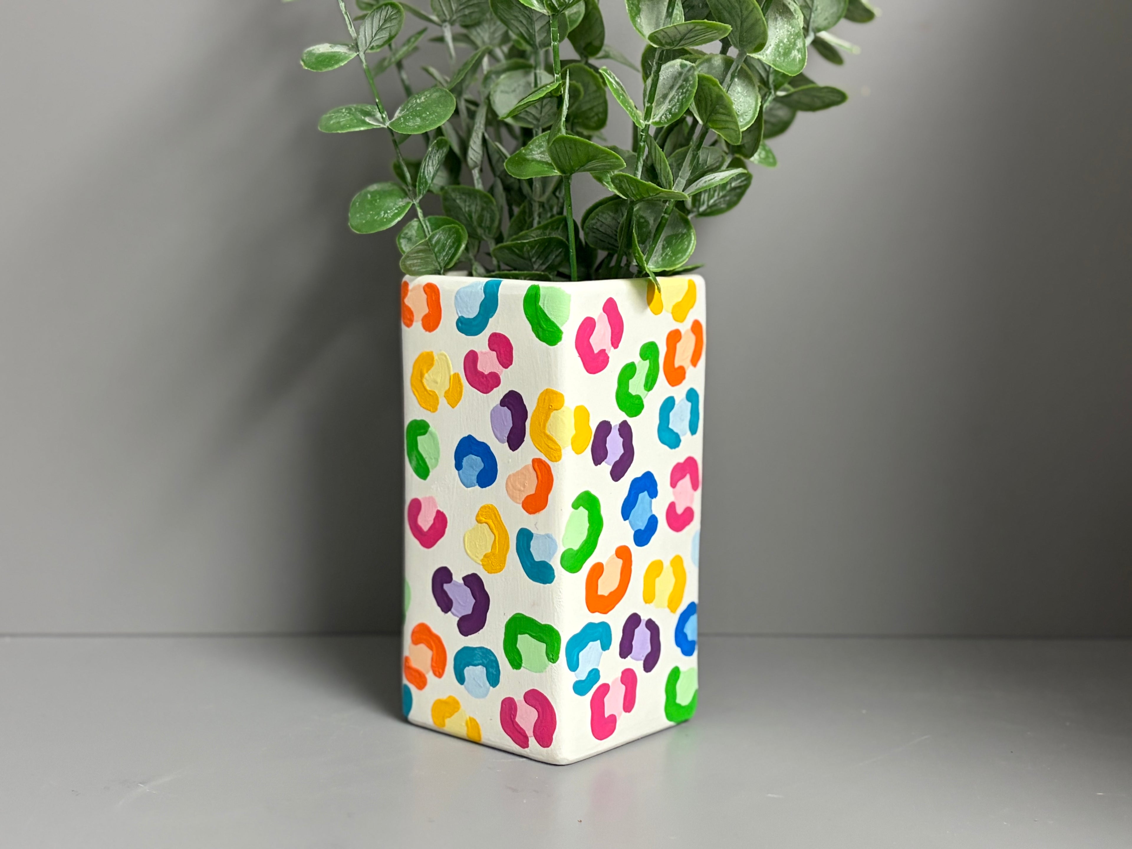 Hand painted vibrant leopard print ceramic vase