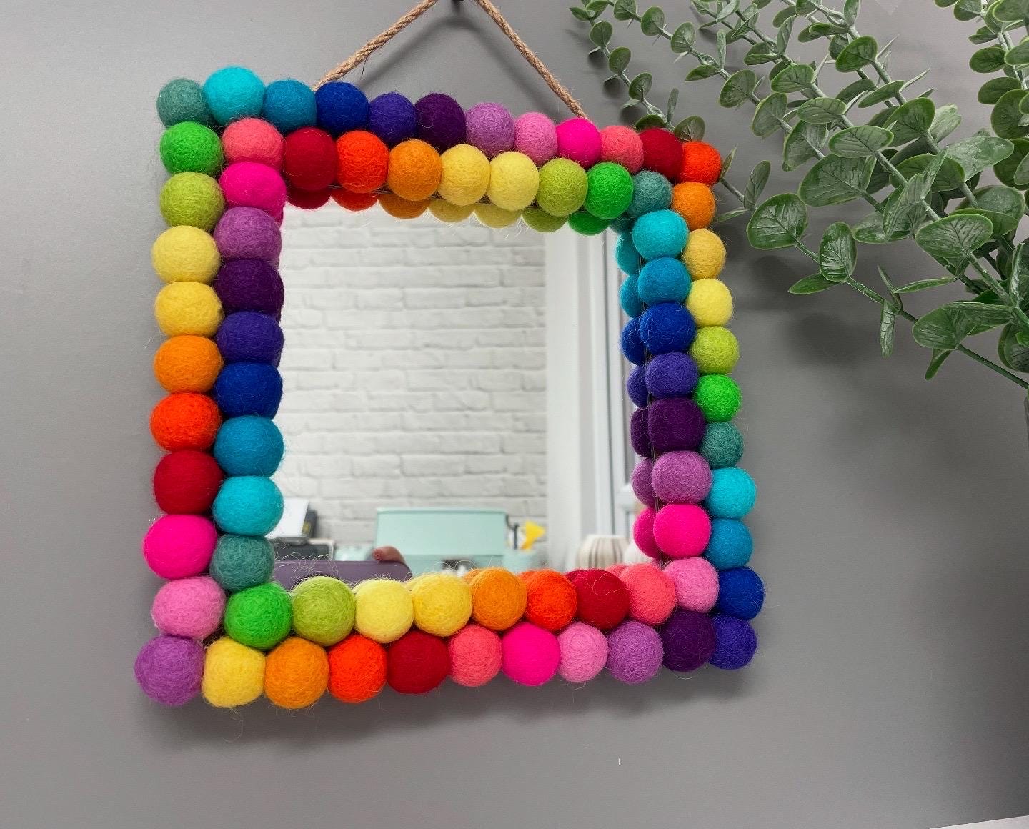 Rainbow Pom Pom Mirror, Playroom Nursery Decor, 20cm Square