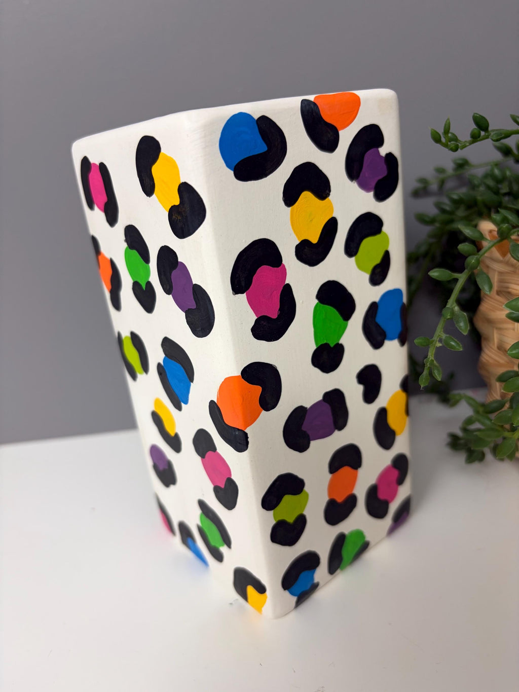 Hand painted rainbow leopard print ceramic vase