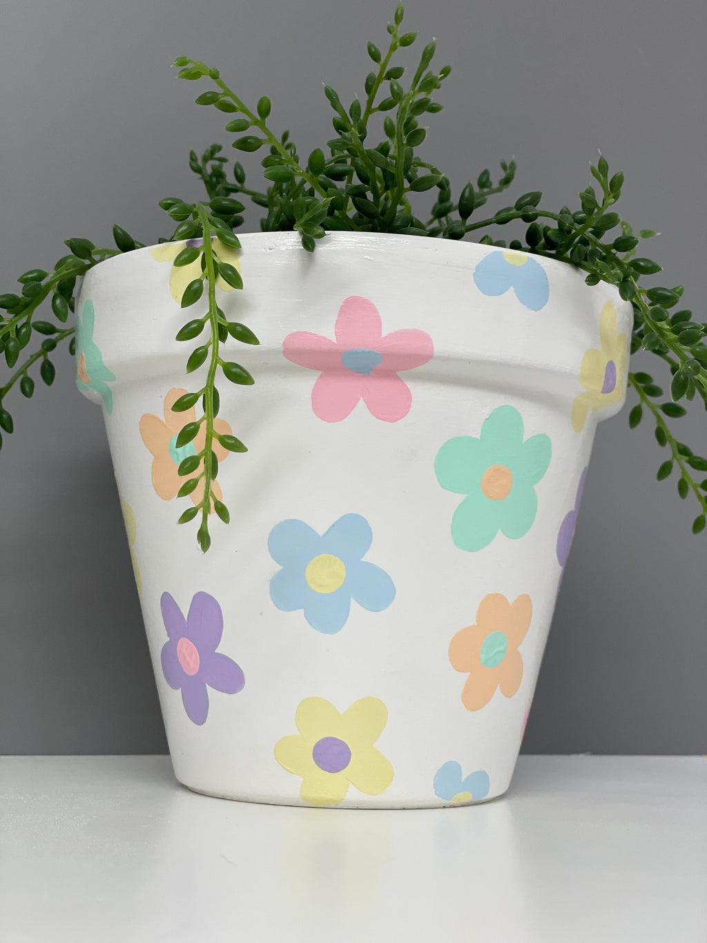 Handpainted terracotta plant pot for house plants, pastel coloured flowers.