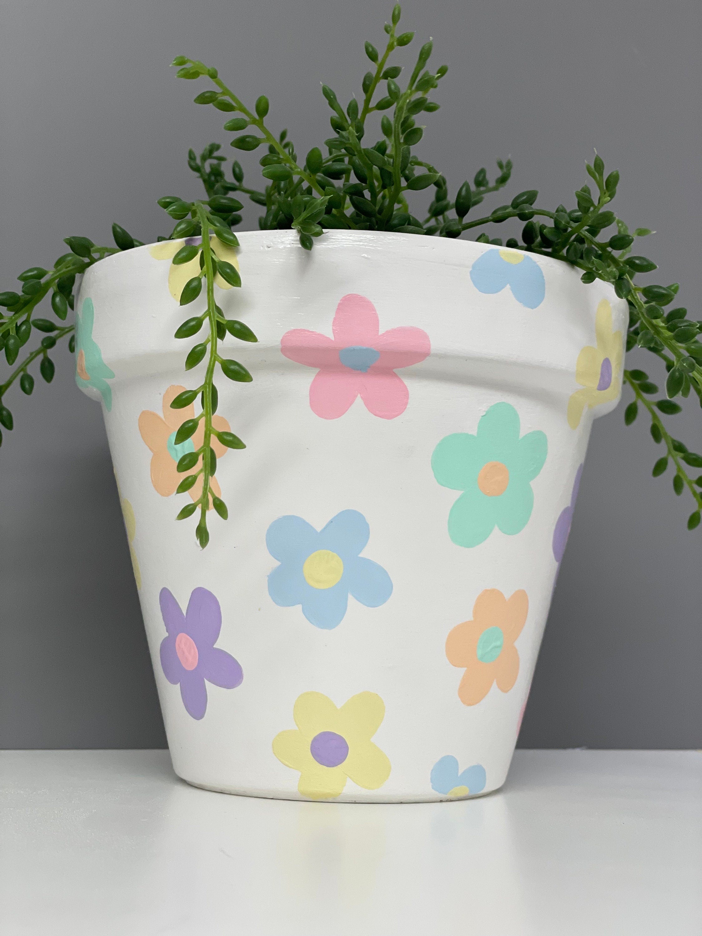 Handpainted terracotta plant pot for house plants, pastel coloured flowers.