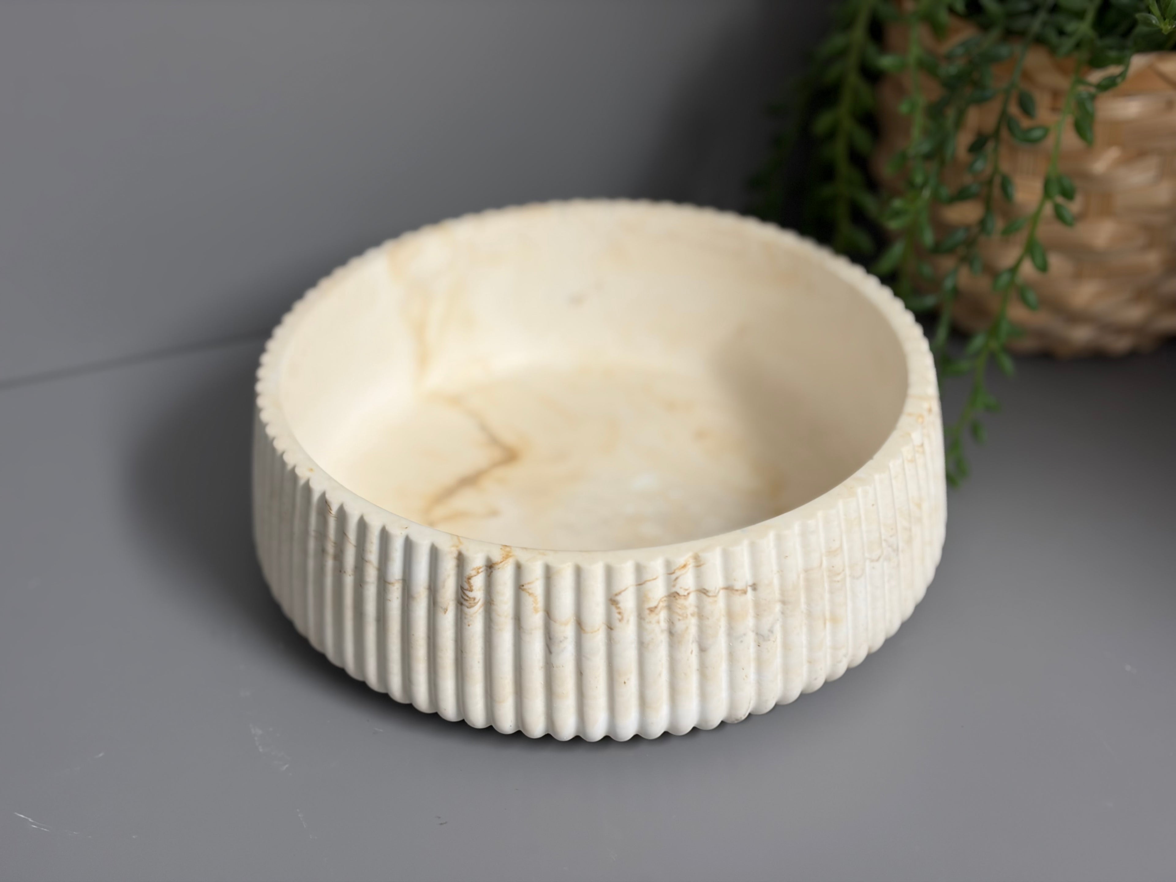 Round decorative Jesmonite bowl, neutral home decor, ridged bowl