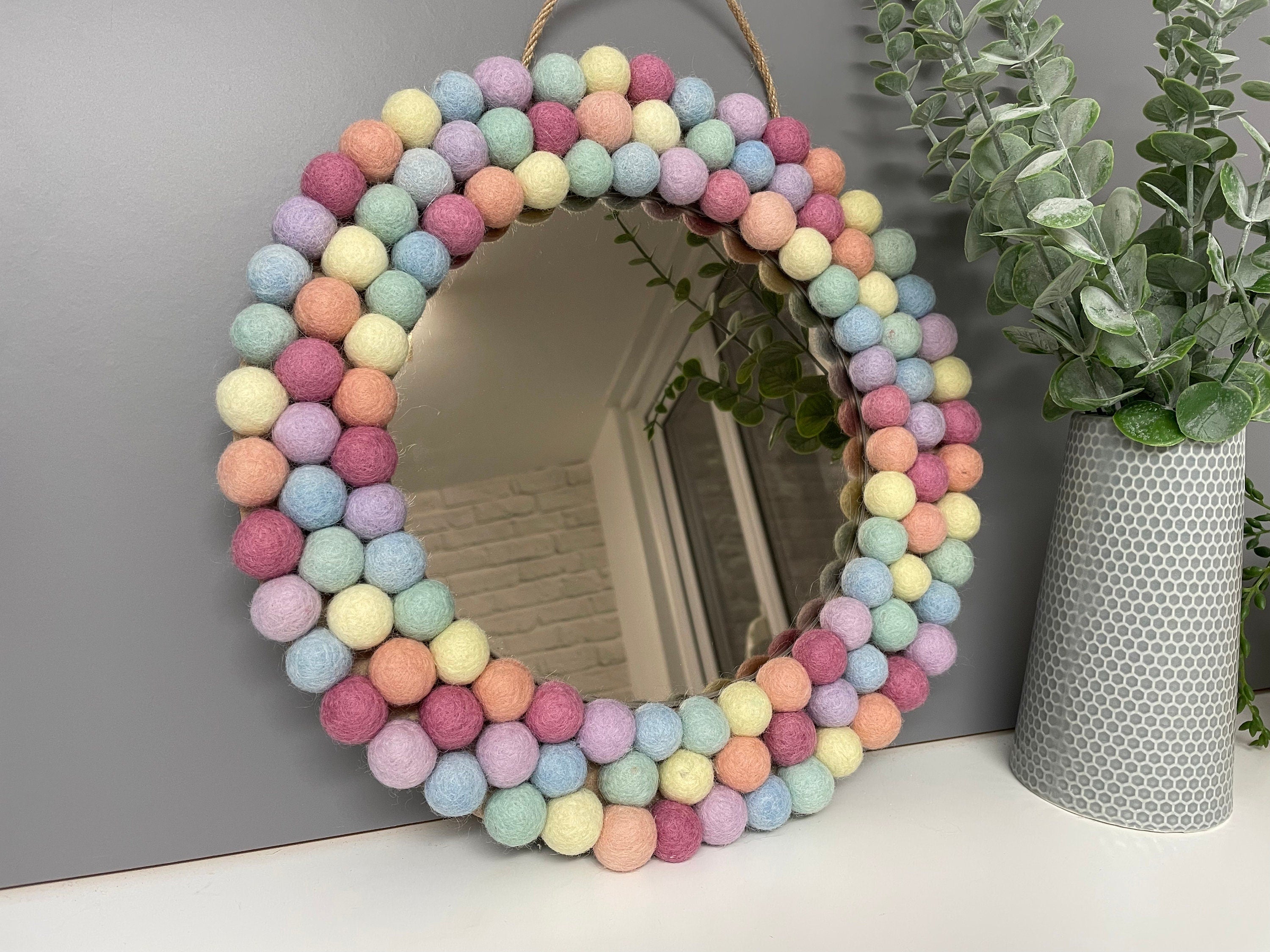 Medium Circular Hanging Pom pom mirror, pastel rainbow Pom Poms, playroom, nursery decor