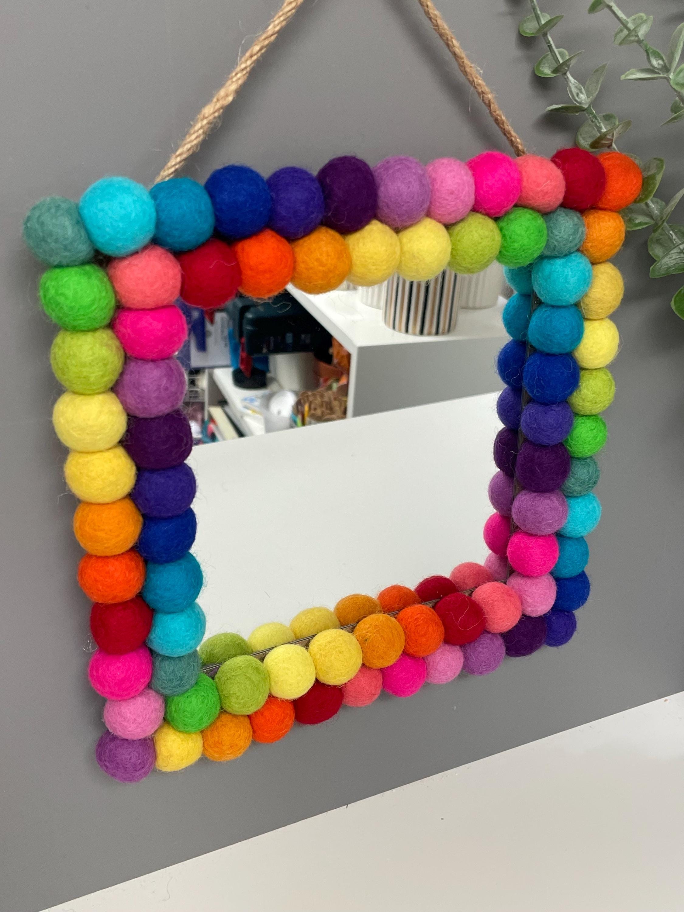 Rainbow Pom Pom Mirror, Playroom Nursery Decor, 20cm Square