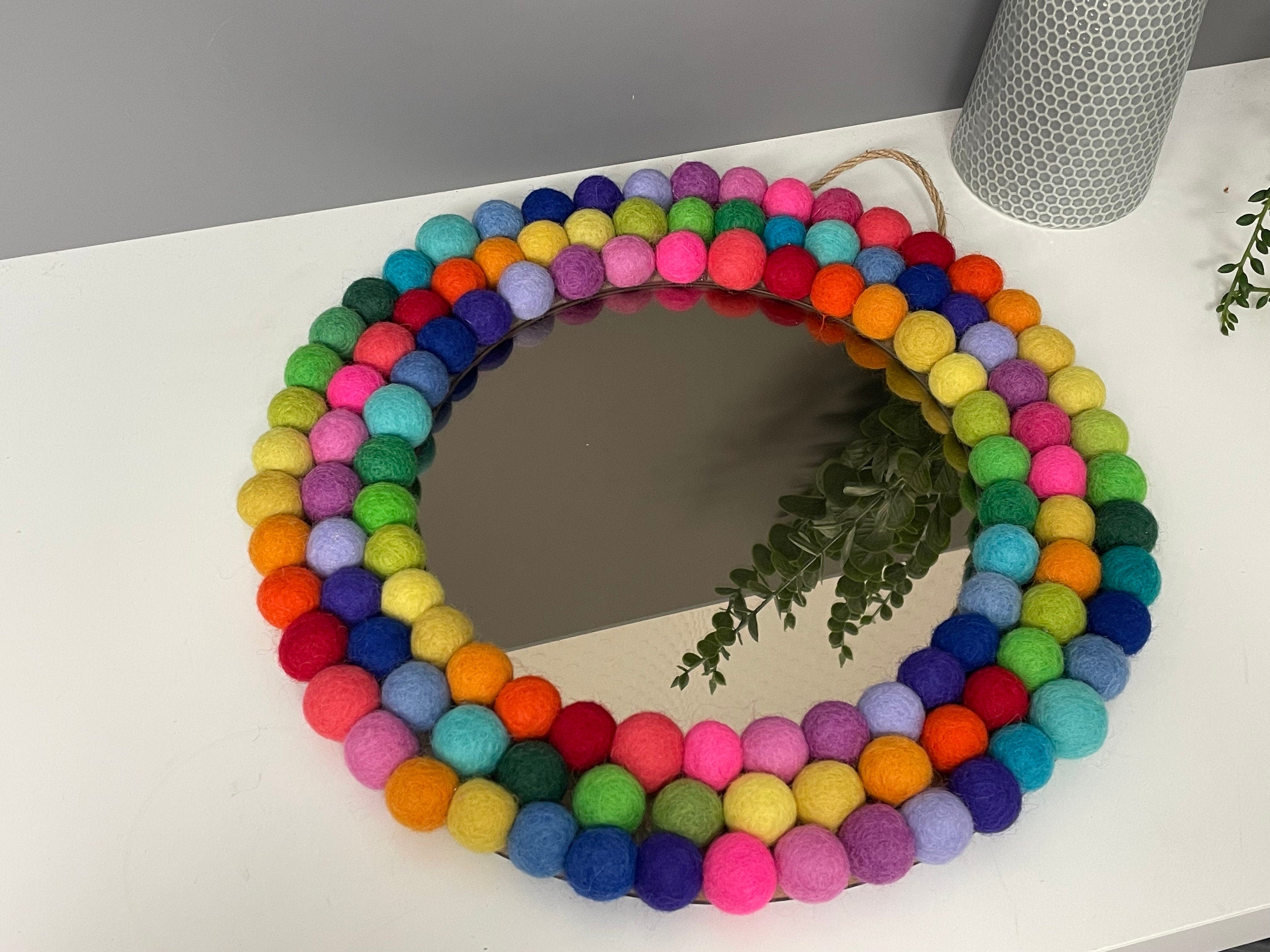 Medium Circular Hanging Pom Pom mirror, rainbow pom Poms, playroom decor.