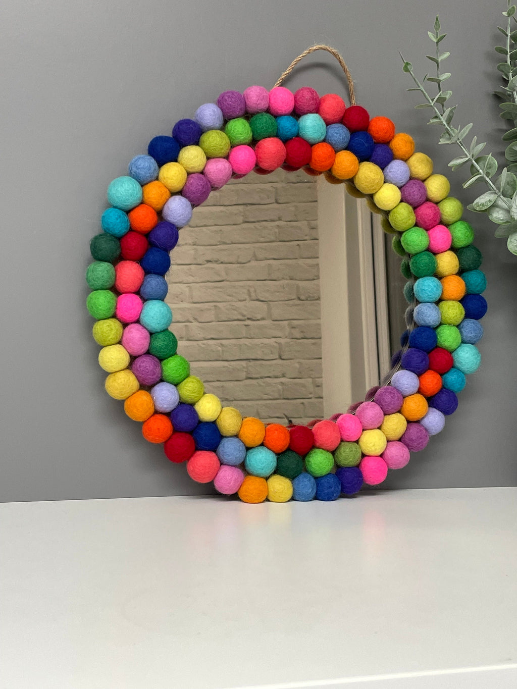 Medium Circular Hanging Pom Pom mirror, rainbow pom Poms, playroom decor.