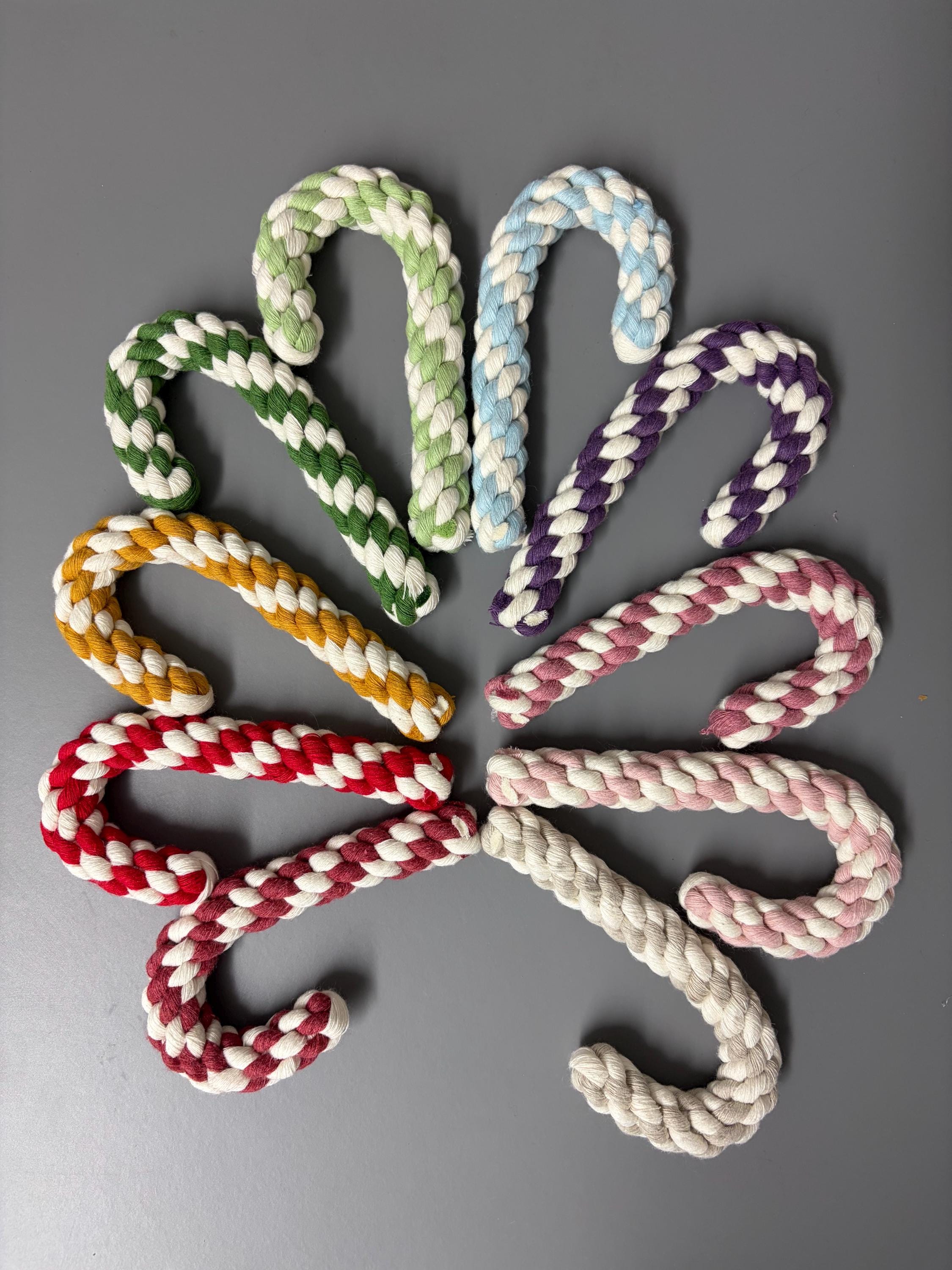 Christmas macrame candy cane decorations, candy cane baubles, macrame decorations.