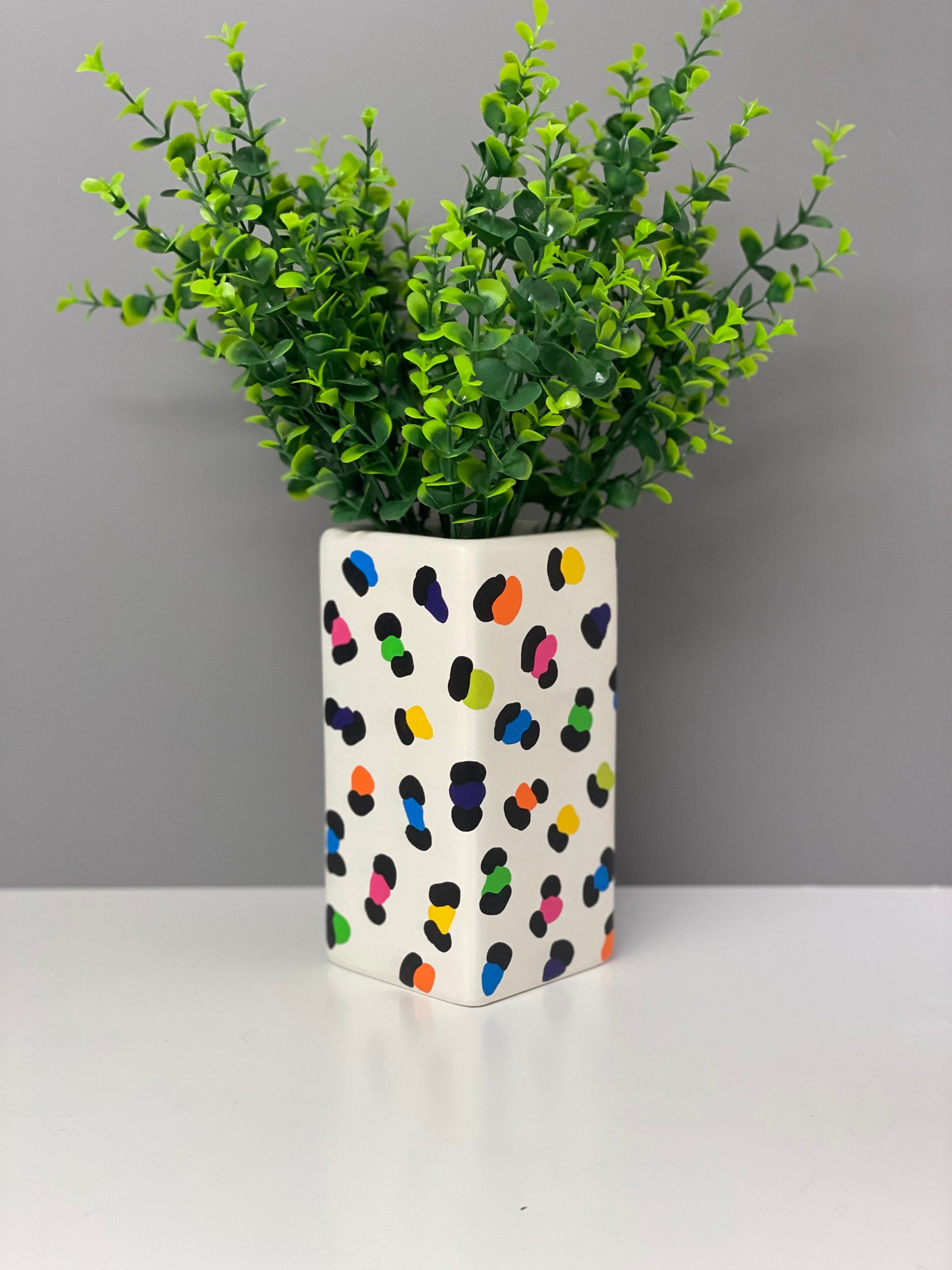 Hand painted rainbow leopard print ceramic vase