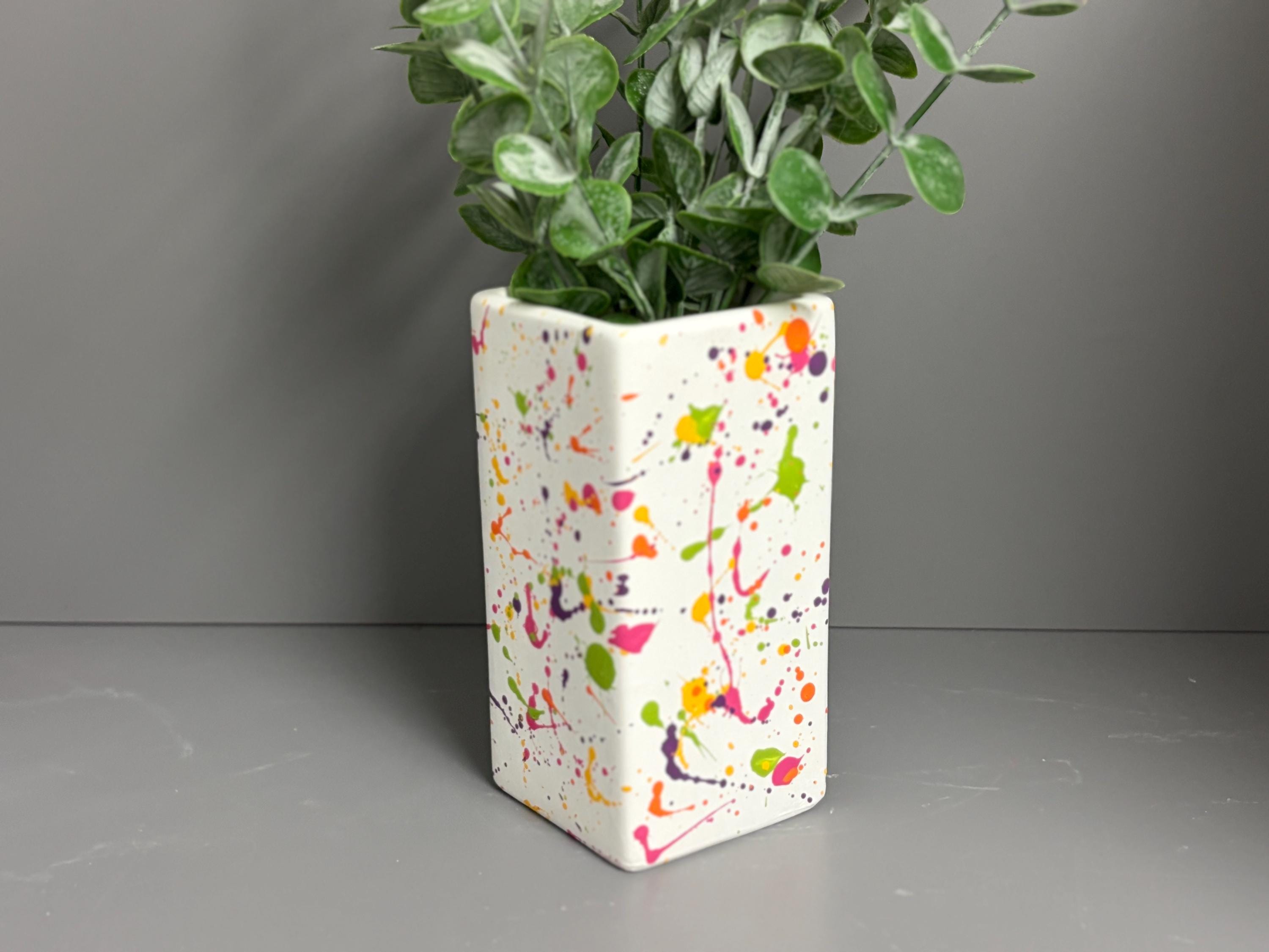 Hand painted ceramic splatter vase, bright coloured vase.