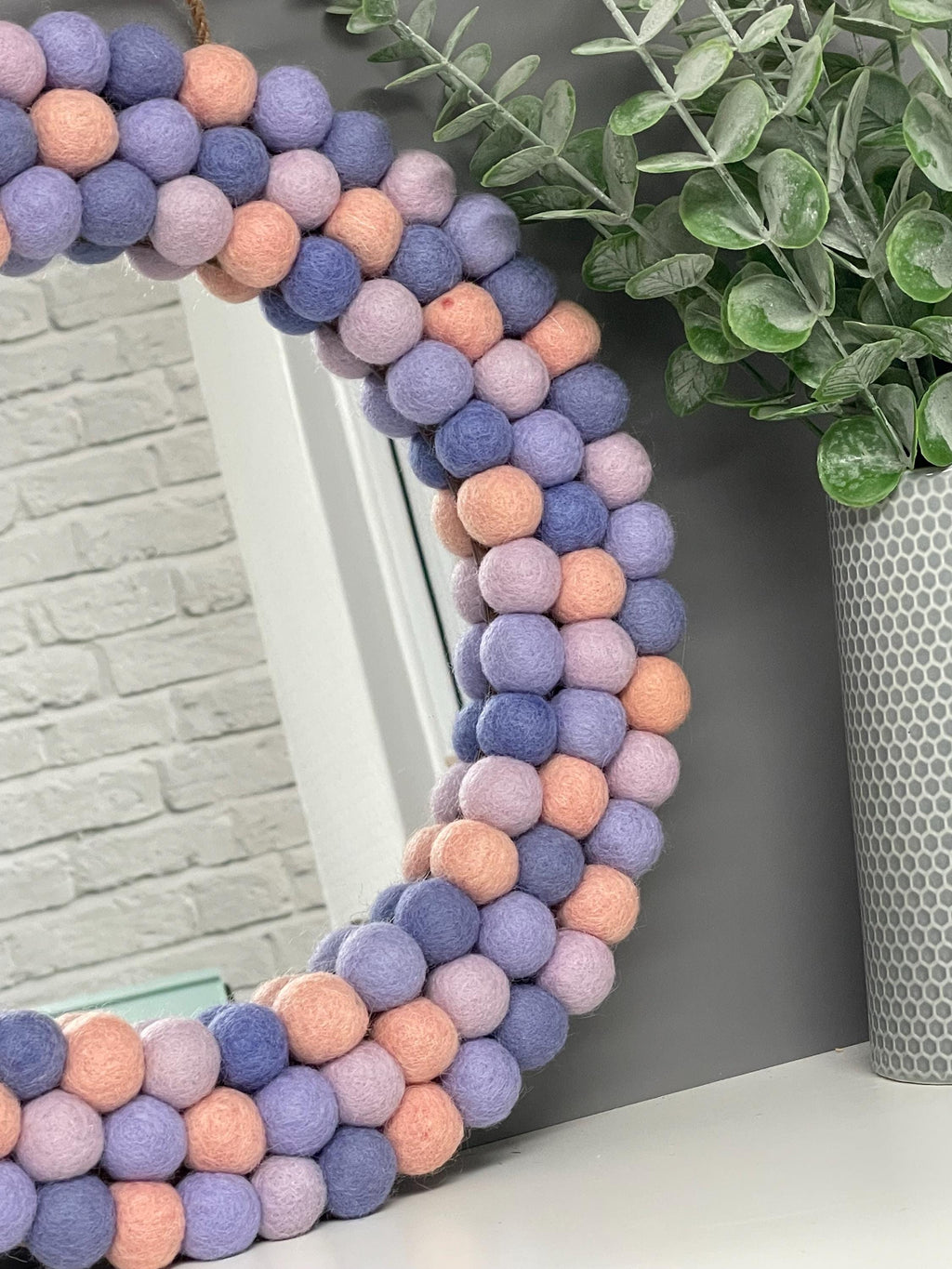 Medium Circular Hanging Pom pom mirror, pastel purple, lilac, pale pink,  rainbow Pom Poms, playroom, nursery decor