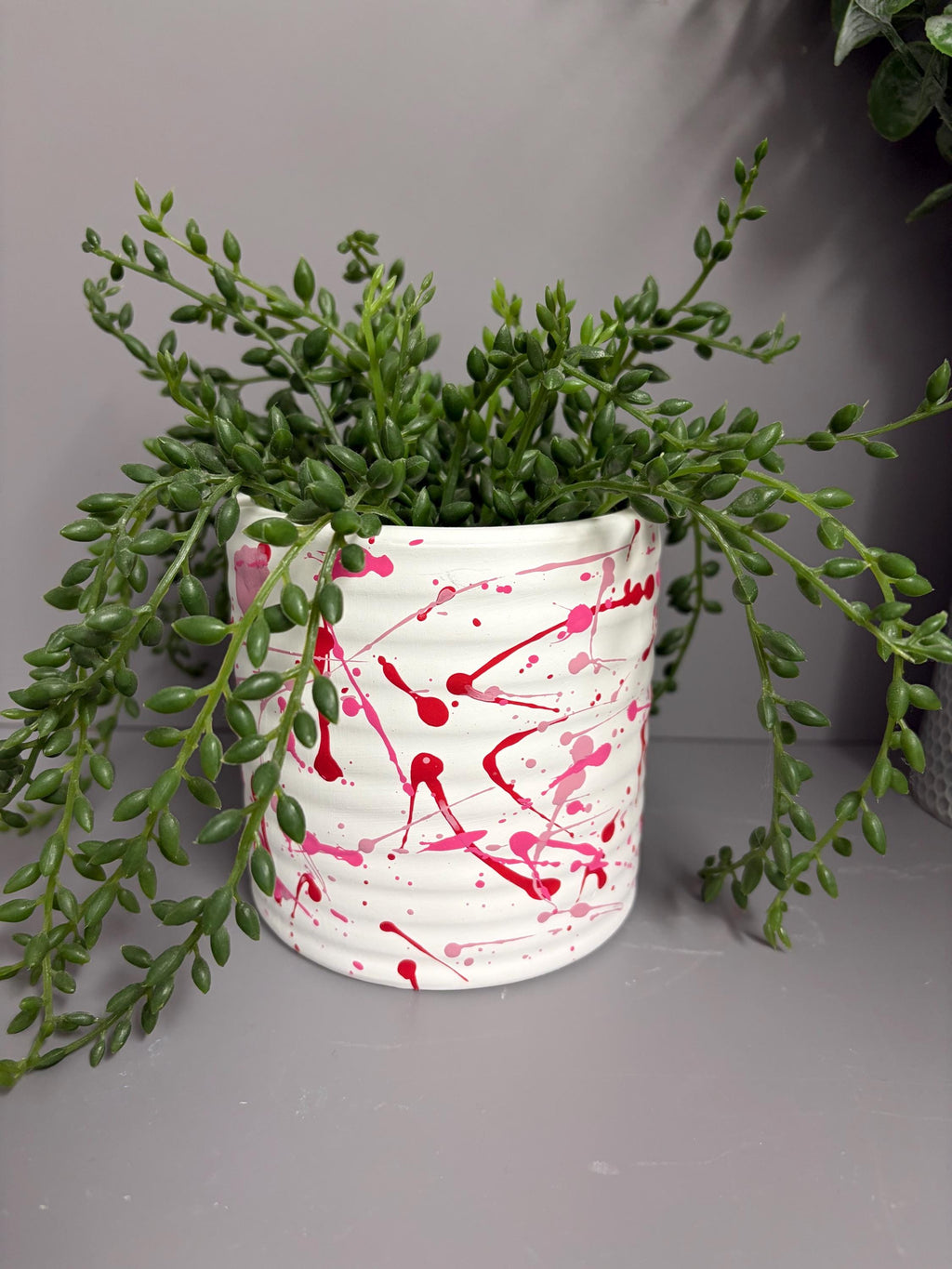Hand Painted Ceramic Plant Pot, Pink and red plant pot, paint splatter plant pot.