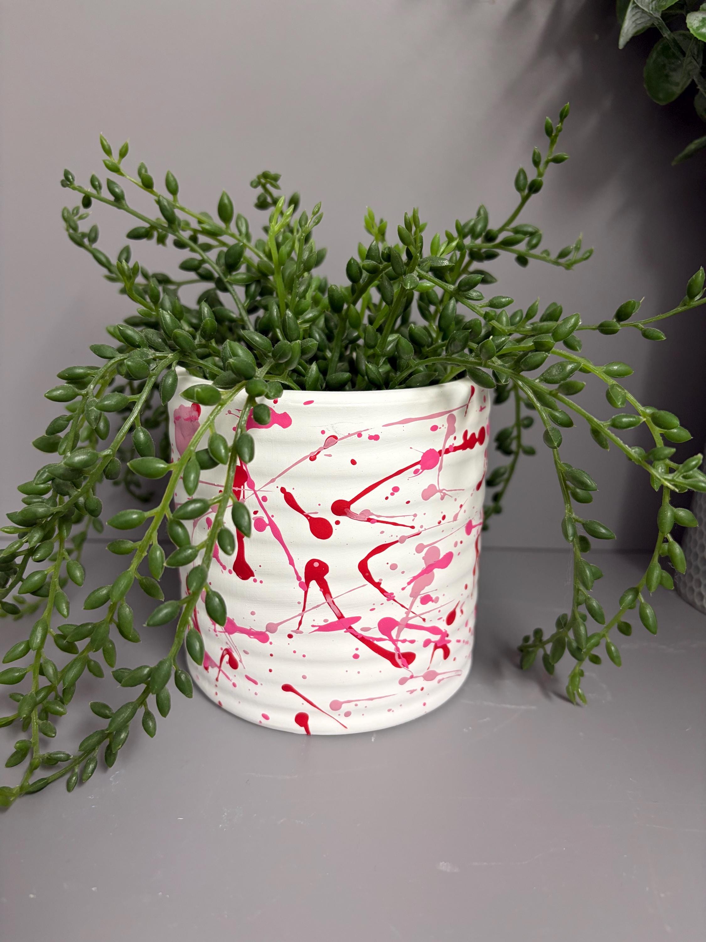 Hand Painted Ceramic Plant Pot, Pink and red plant pot, paint splatter plant pot.