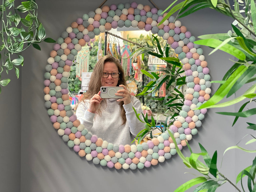 Large Circular Hanging Pom Pom mirror, rainbow pom Poms, playroom decor, nursery.