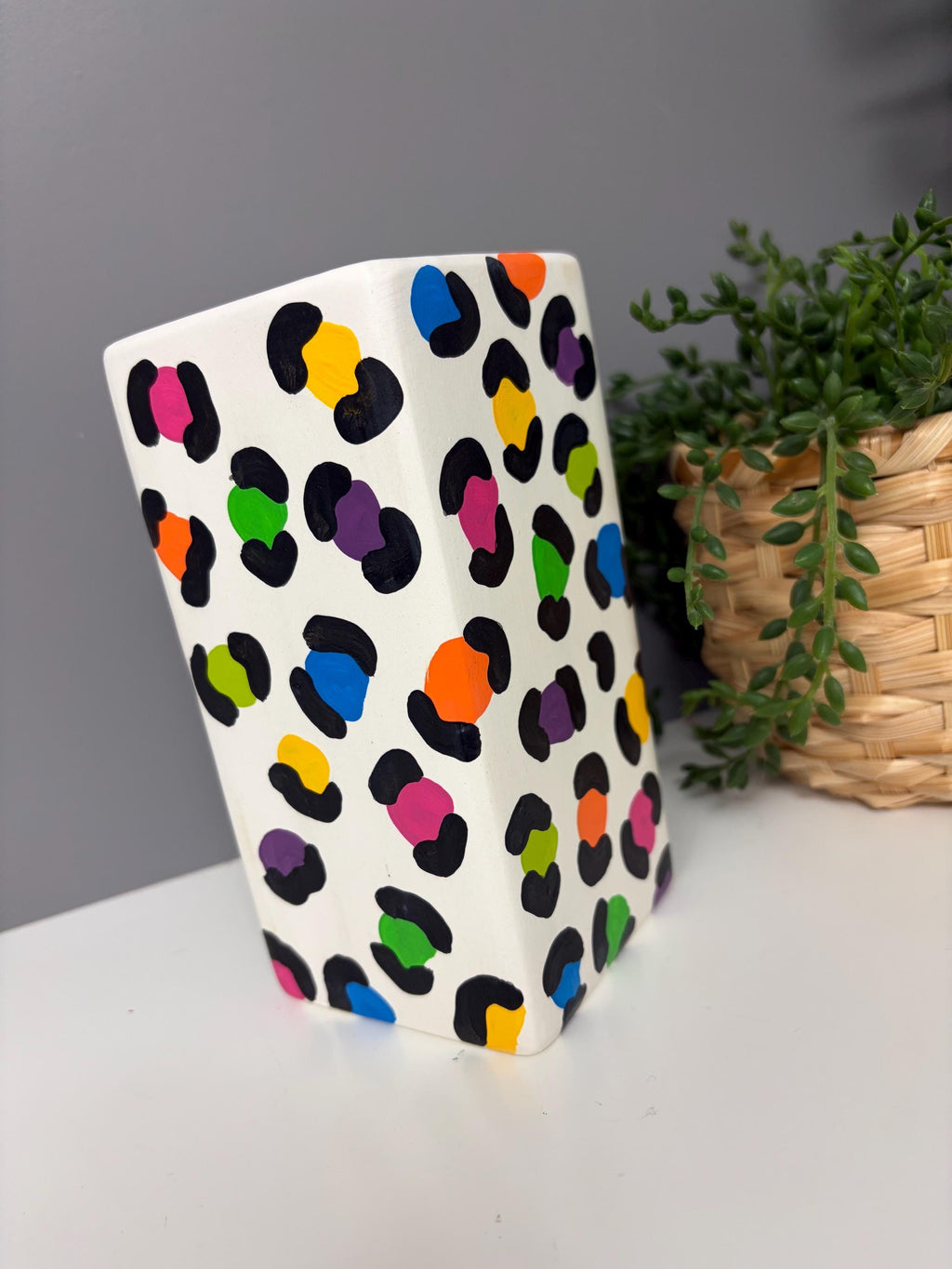 Hand painted rainbow leopard print ceramic vase