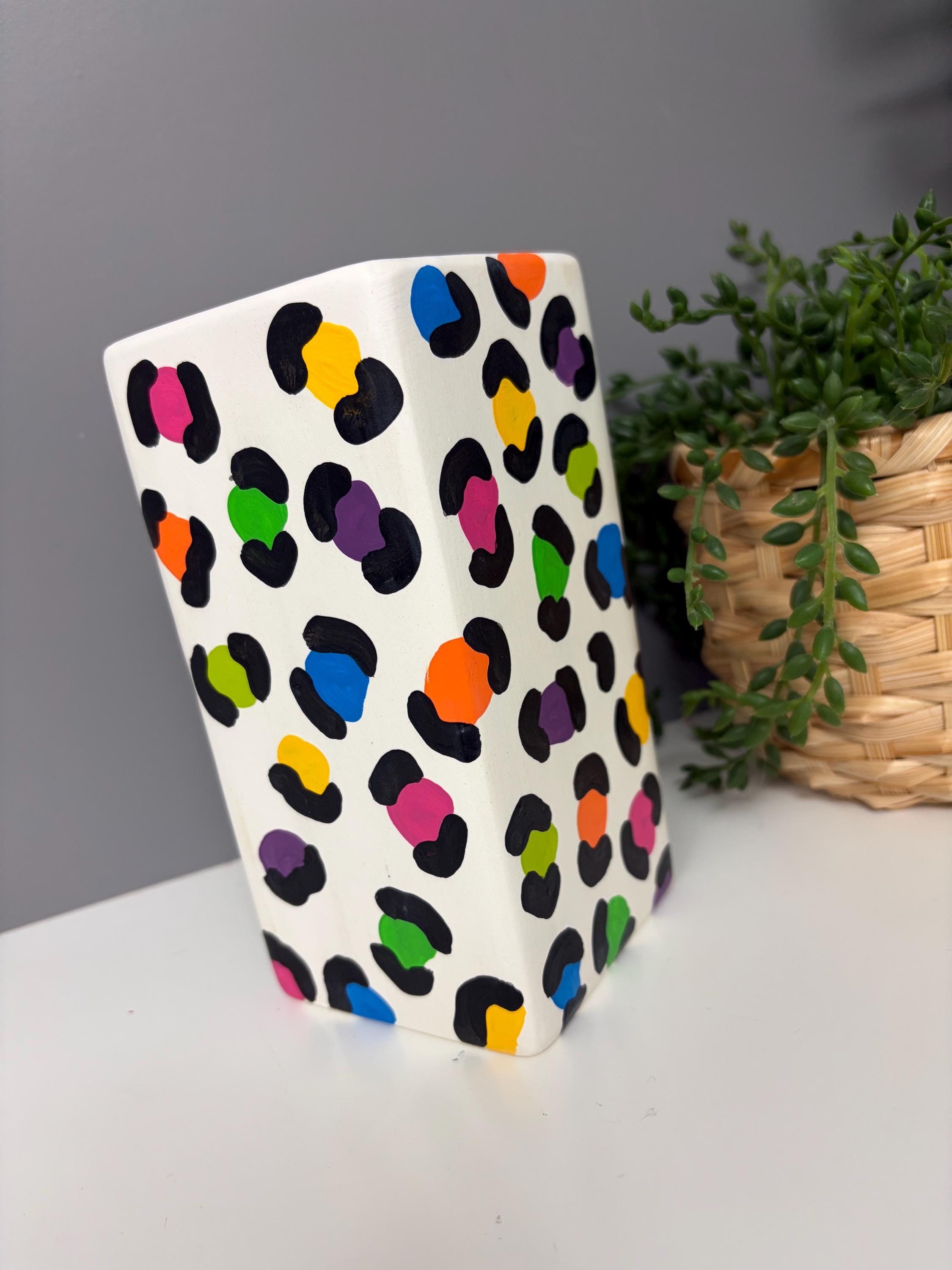 Hand painted rainbow leopard print ceramic vase