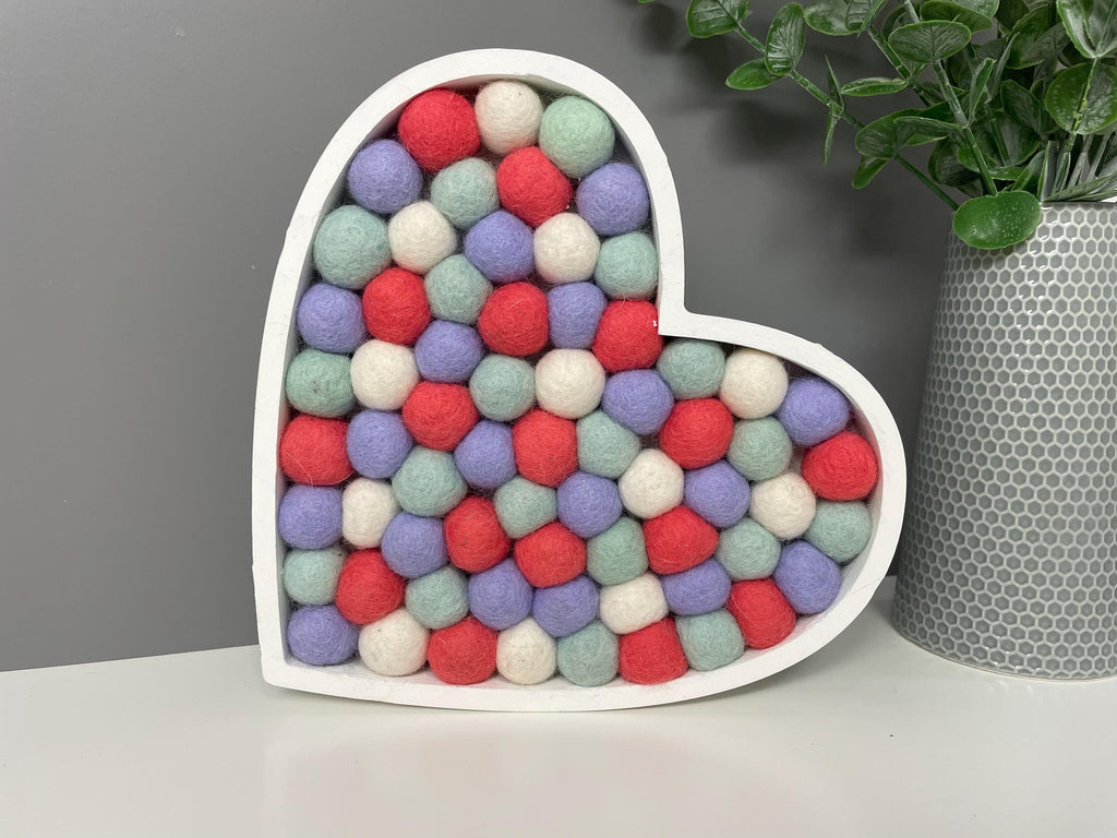 Wool felt Pom Pom heart, fillable heart, wooden heart, nursery decor, Pom Pom decor, rainbow pom Poms