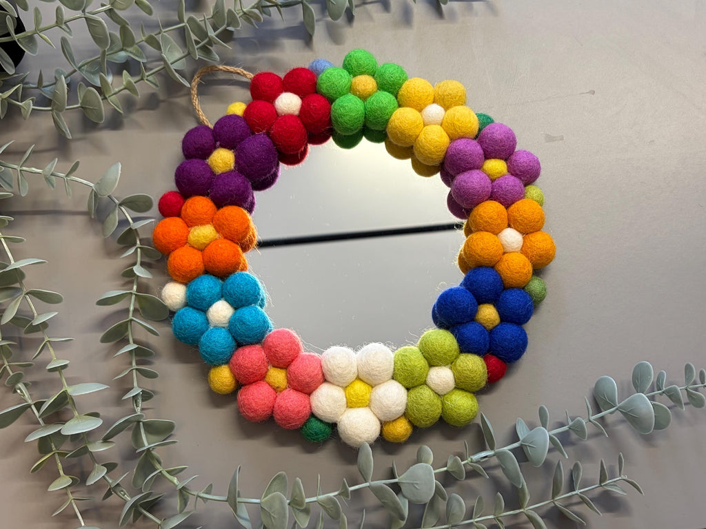Pom Pom flower Wall Mirror, Wool Felt rainbow Pom Poms, Nursery Decor, circular mirror.