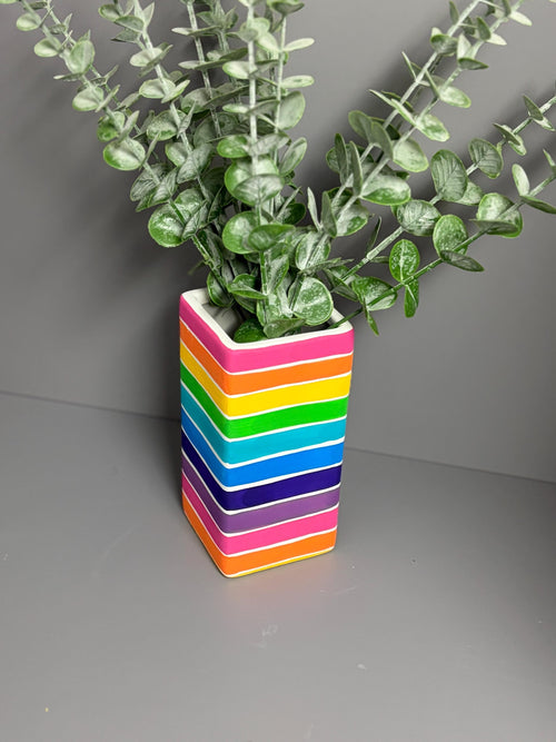 Bright rainbow strip hand painted ceramic vase