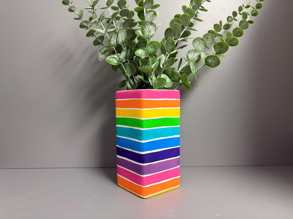 Bright rainbow strip hand painted ceramic vase